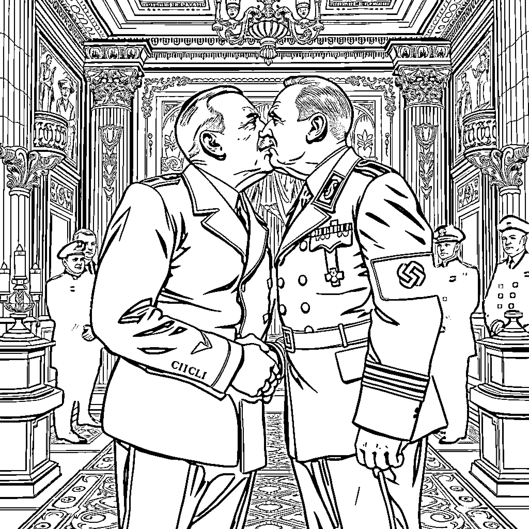 Mussolini and Hitler in an ornate meeting room Coloring Page (free black-and-white line drawing printable PDF for all, from beginners to advanced learners, including children, teens, adults, and seniors)
