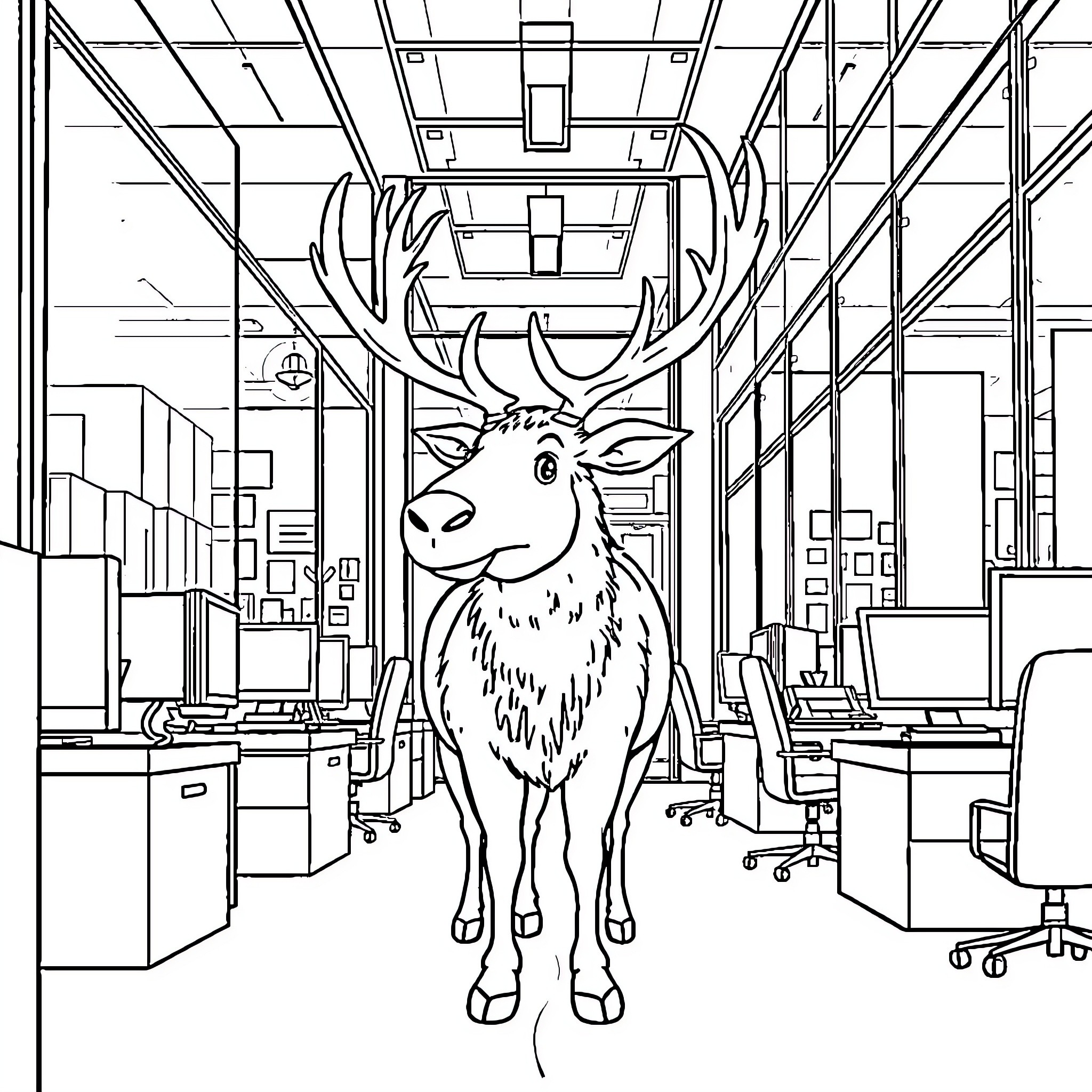 Elk in Modern Office Setting Coloring Page (free black-and-white line drawing printable PDF for all, from beginners to advanced learners, including children, teens, adults, and seniors)