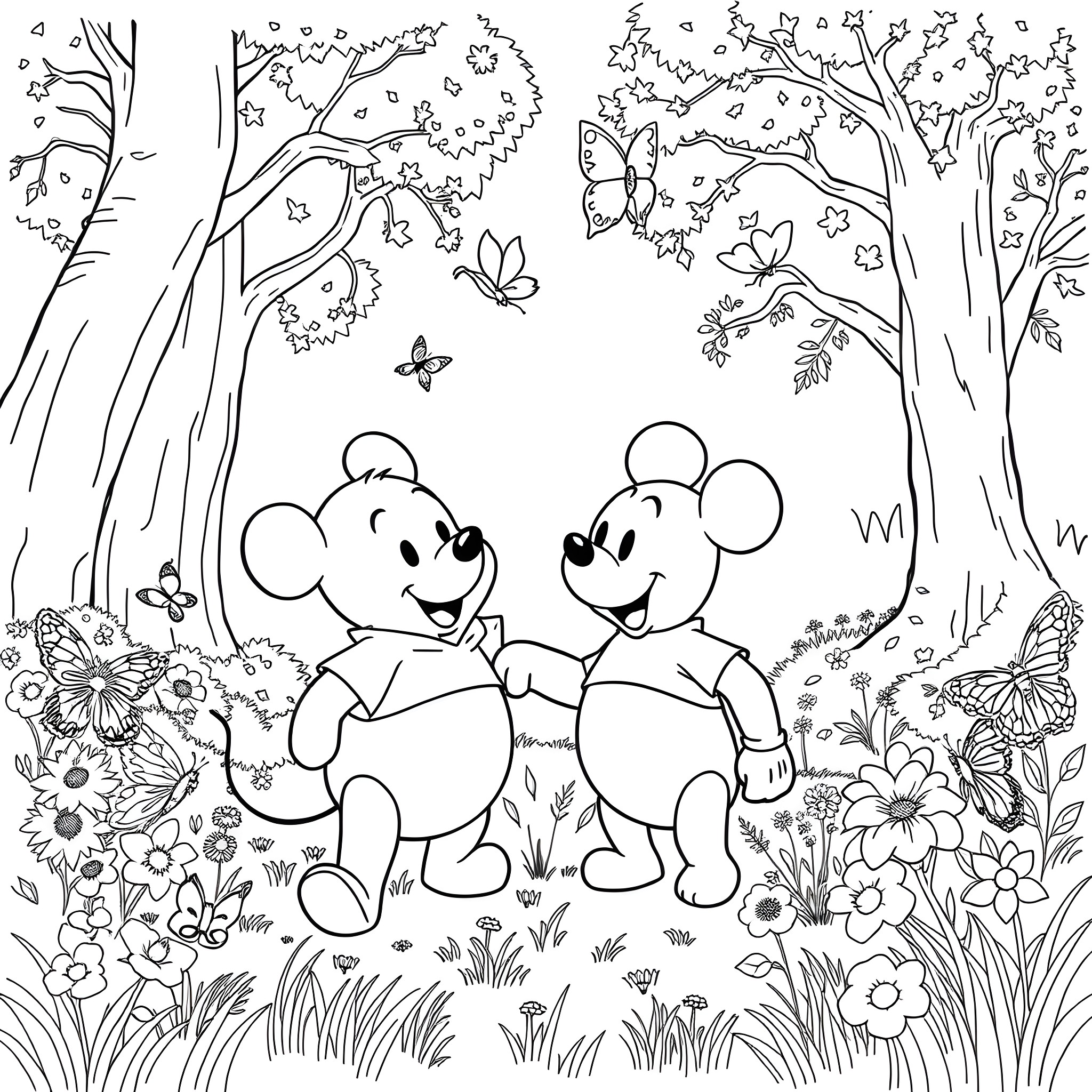 Winnie The Pooh and Friend Explore Whimsical Forest Coloring Page (free black-and-white line drawing printable PDF for all, from beginners to advanced learners, including children, teens, adults, and seniors)