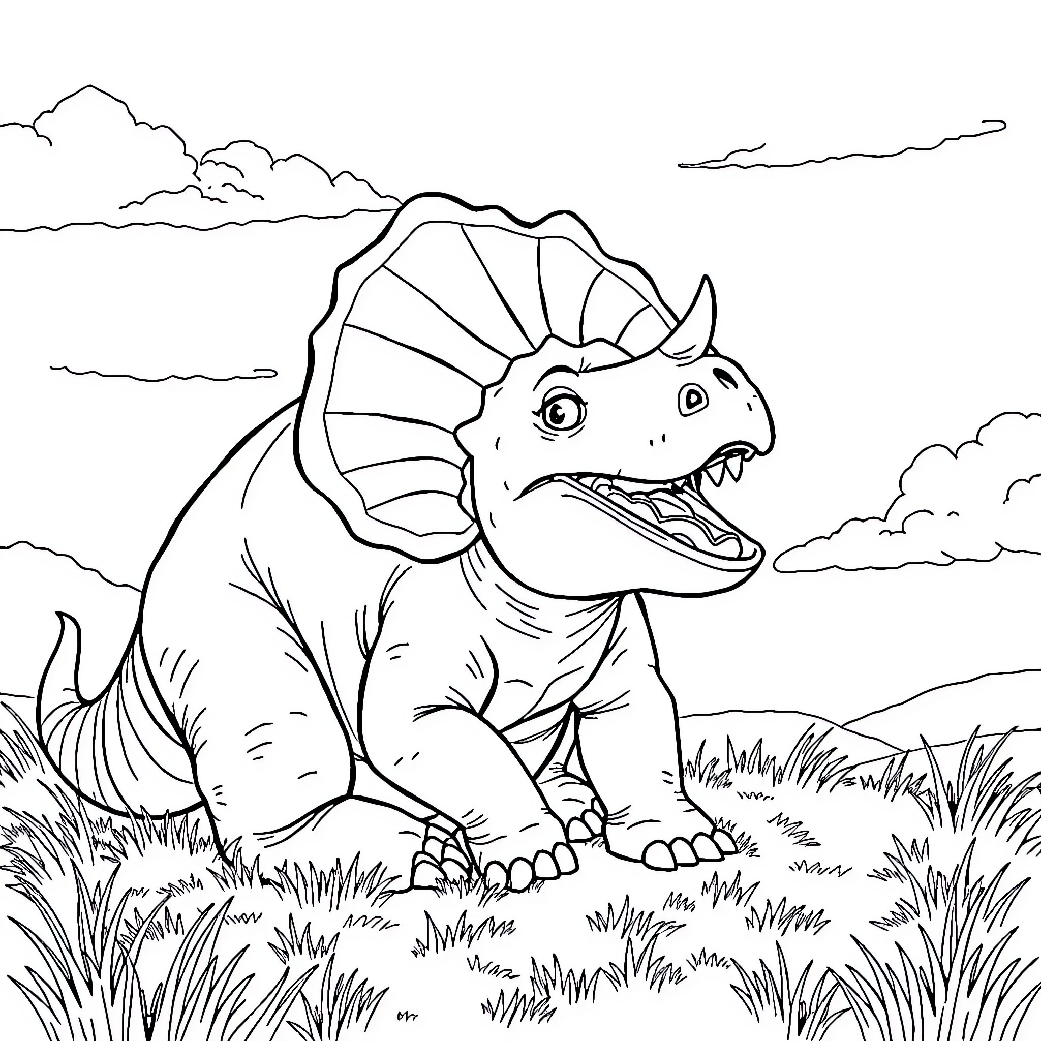 Triceratops roaring in a grassy field Coloring Page (free black-and-white line drawing printable PDF for all, from beginners to advanced learners, including children, teens, adults, and seniors)