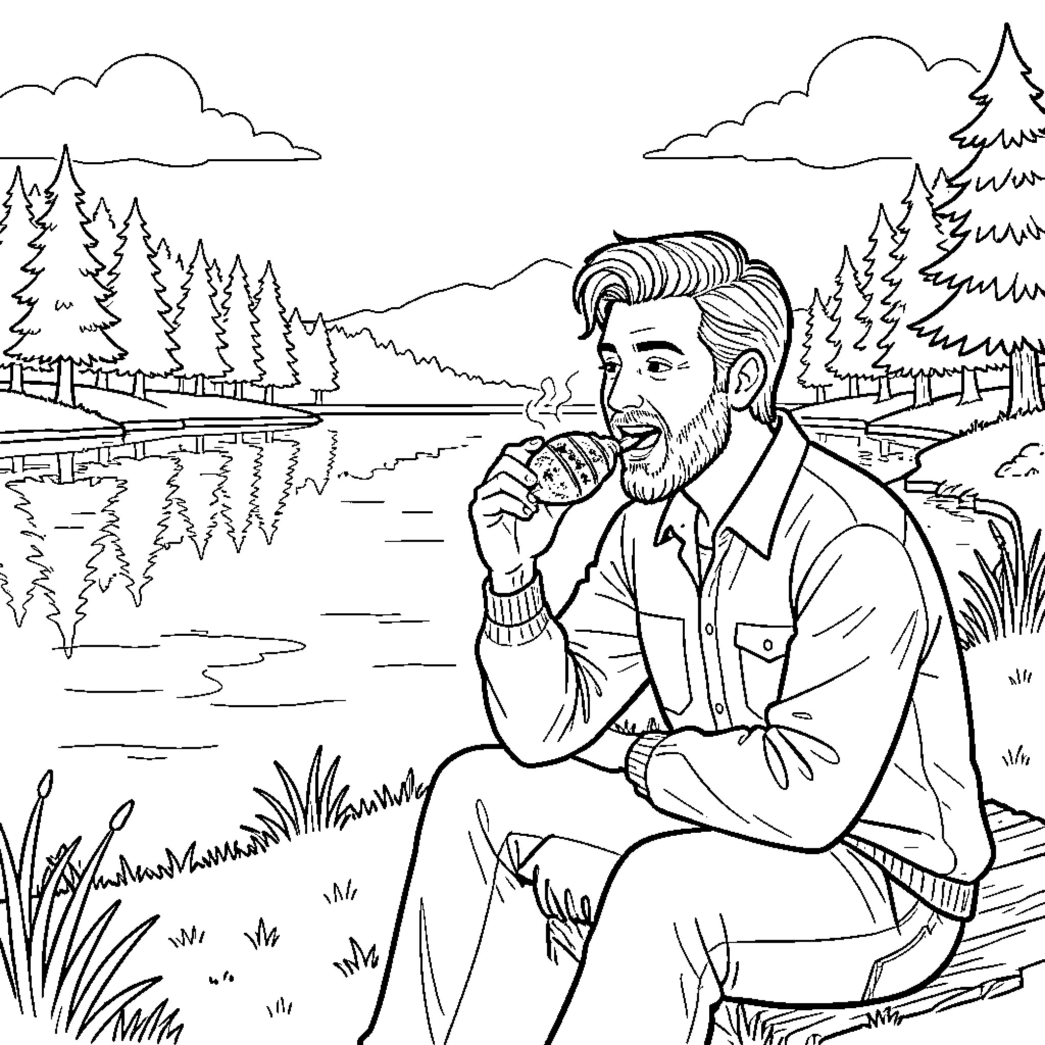 Hunter resting peacefully in the serene wilderness Coloring Page (free black-and-white line drawing printable PDF for all, from beginners to advanced learners, including children, teens, adults, and seniors)