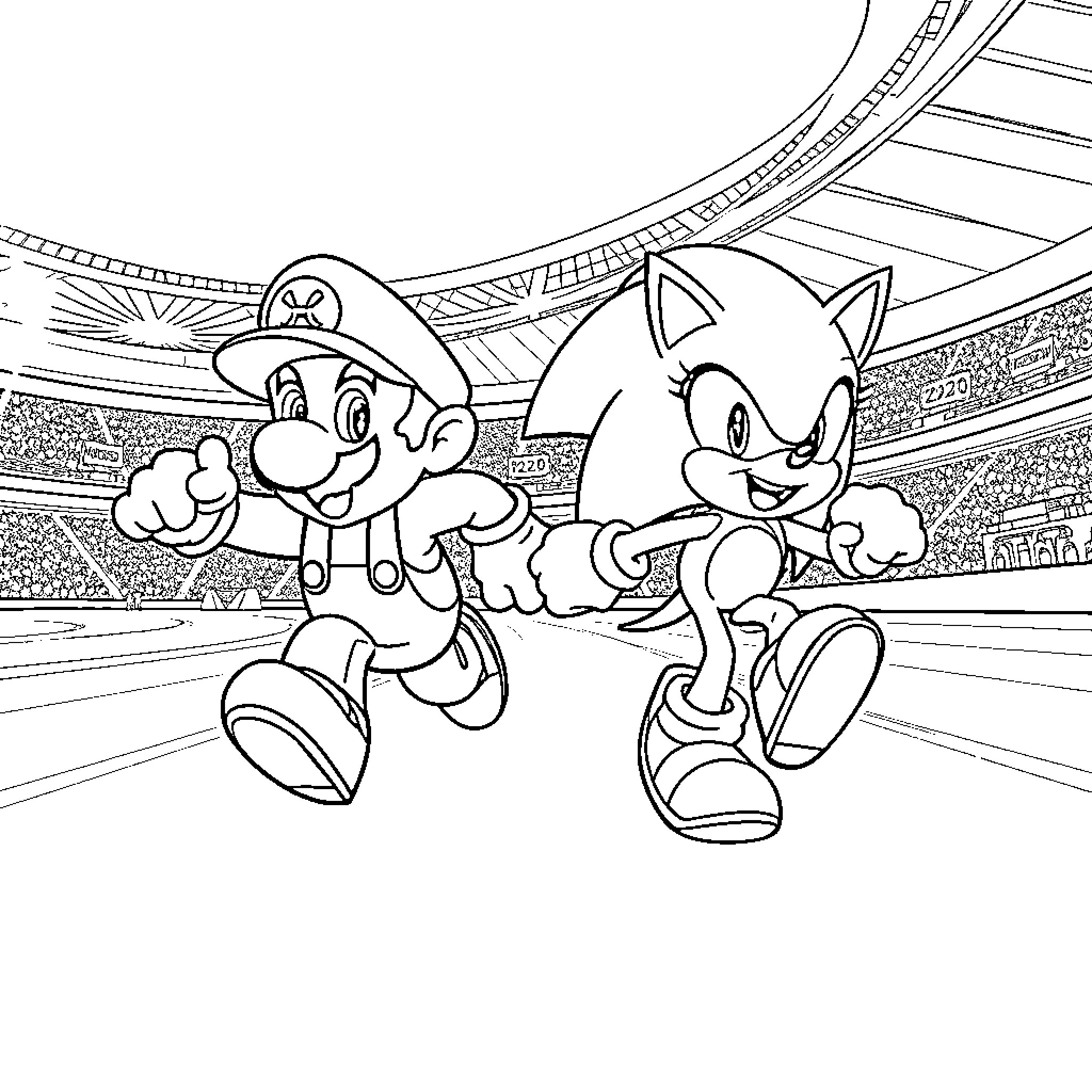 Mario and Sonic racing in the stadium Coloring Page (free black-and-white line drawing printable PDF for all, from beginners to advanced learners, including children, teens, adults, and seniors)