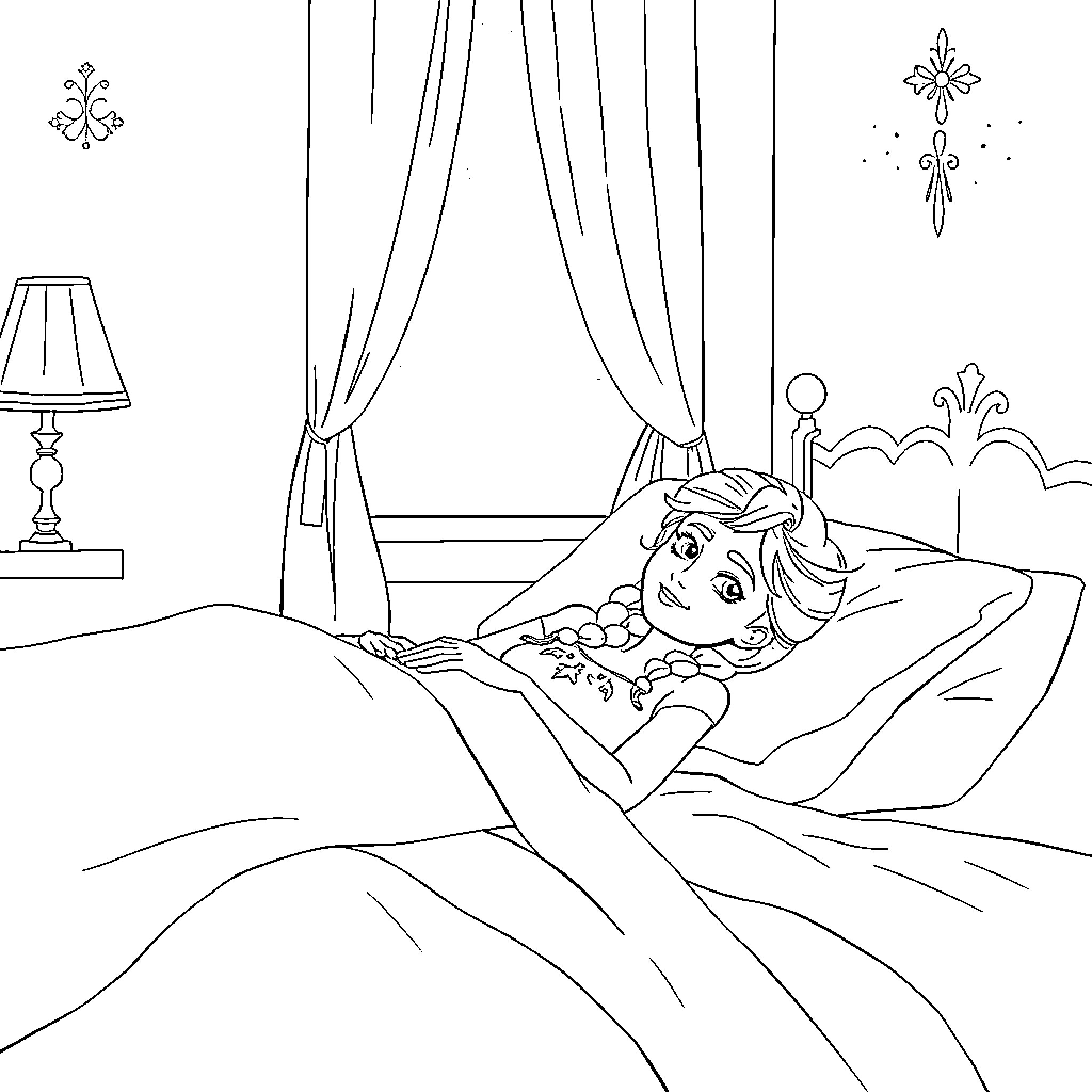 Elsa resting peacefully in her bedroom Coloring Page (free black-and-white line drawing printable PDF for all, from beginners to advanced learners, including children, teens, adults, and seniors)