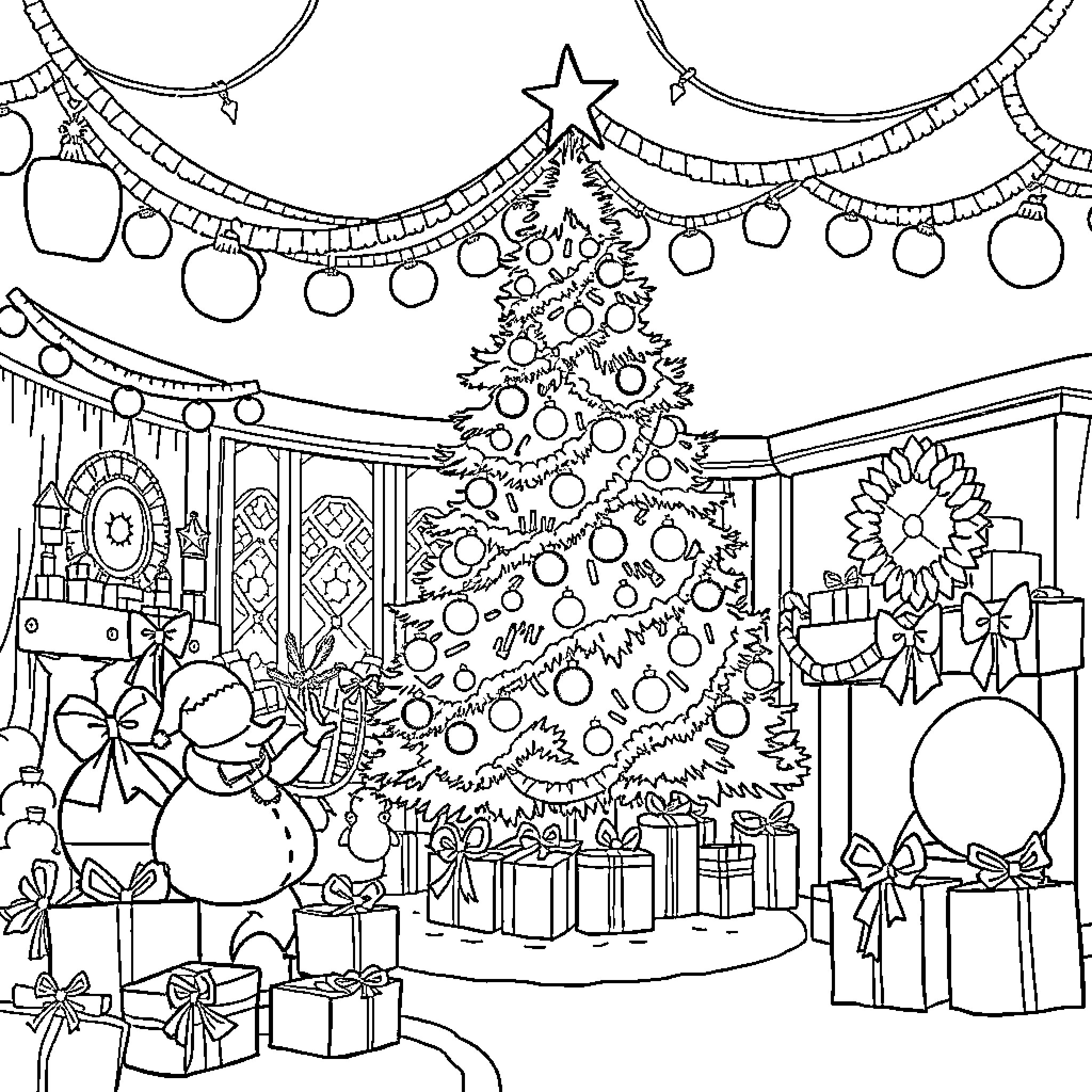 Christmas decorations in cozy home setting Coloring Page (free black-and-white line drawing printable PDF for all, from beginners to advanced learners, including children, teens, adults, and seniors)