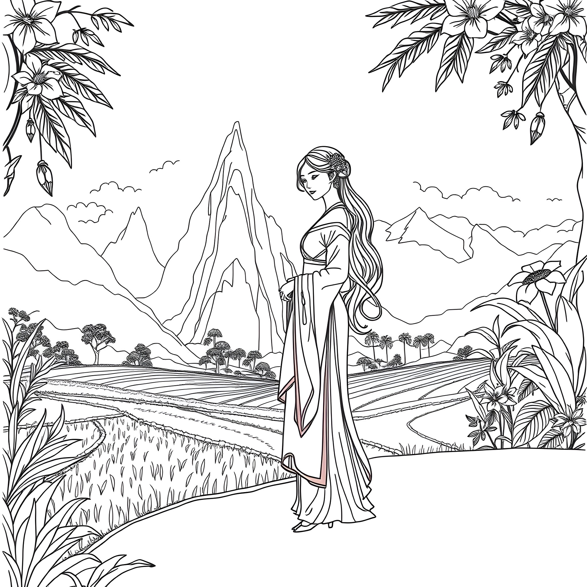 Clothing of a woman in a mountainous landscape Coloring Page (free black-and-white line drawing printable PDF for all, from beginners to advanced learners, including children, teens, adults, and seniors)