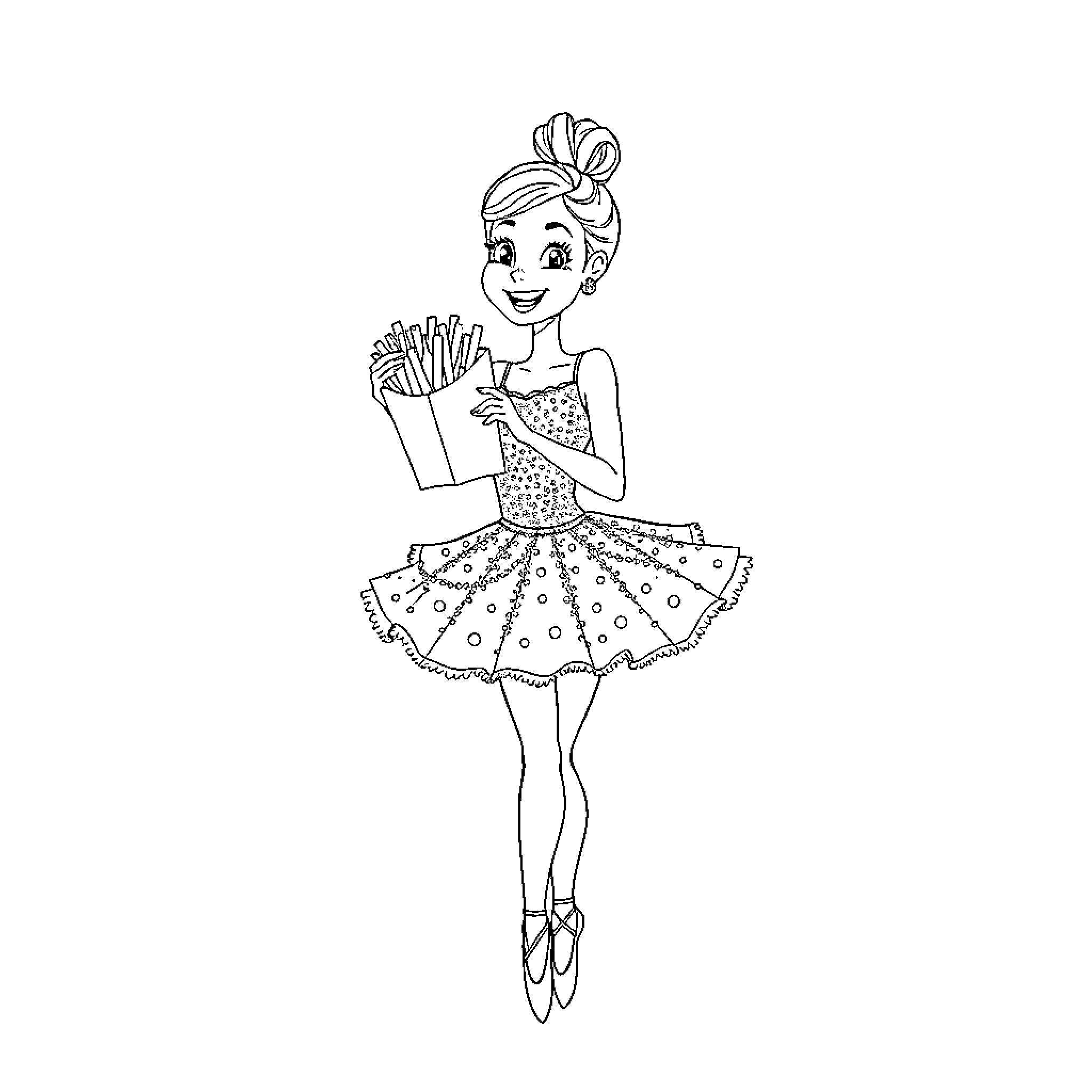Ballet Dancer Holding Fries in Polka Dot Dress Coloring Page (free black-and-white line drawing printable PDF for all, from beginners to advanced learners, including children, teens, adults, and seniors)