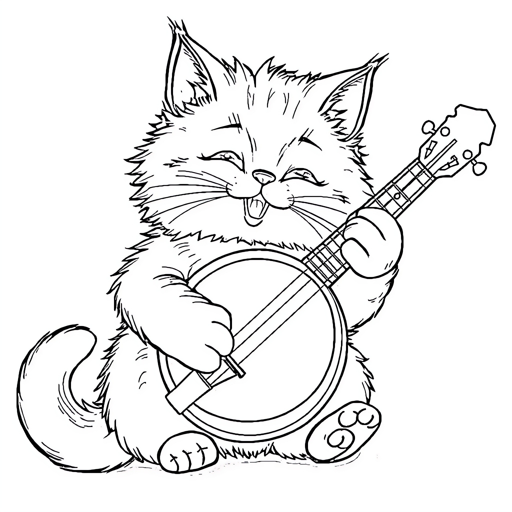 Cat playing a banjo happily Coloring Page (free black-and-white line drawing printable PDF for all, from beginners to advanced learners, including children, teens, adults, and seniors)