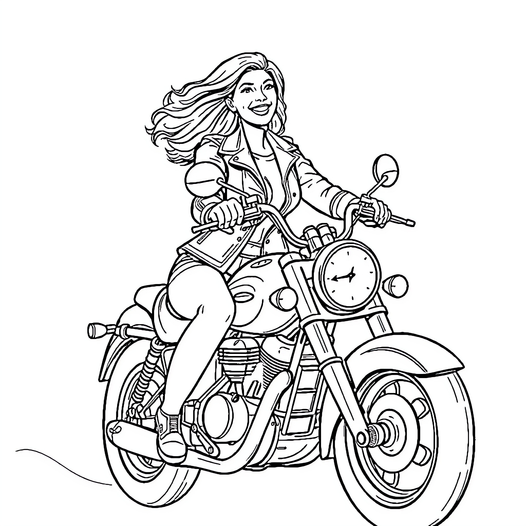 Moto Biker Riding Motorcycle with Enthusiasm Coloring Page (free black-and-white line drawing printable PDF for all, from beginners to advanced learners, including children, teens, adults, and seniors)
