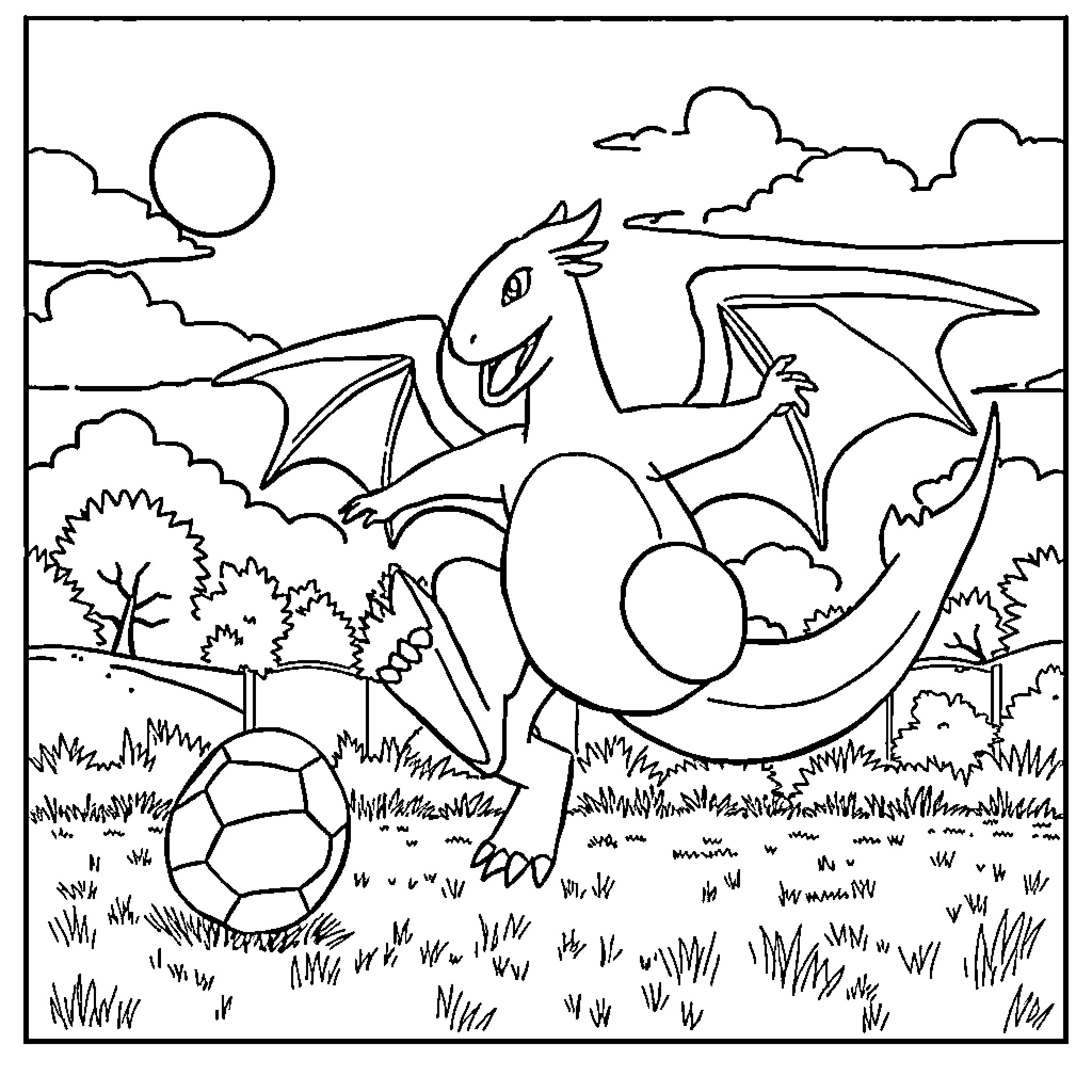 Charizard playing with soccer ball in the field Coloring Page (free black-and-white line drawing printable PDF for all, from beginners to advanced learners, including children, teens, adults, and seniors)