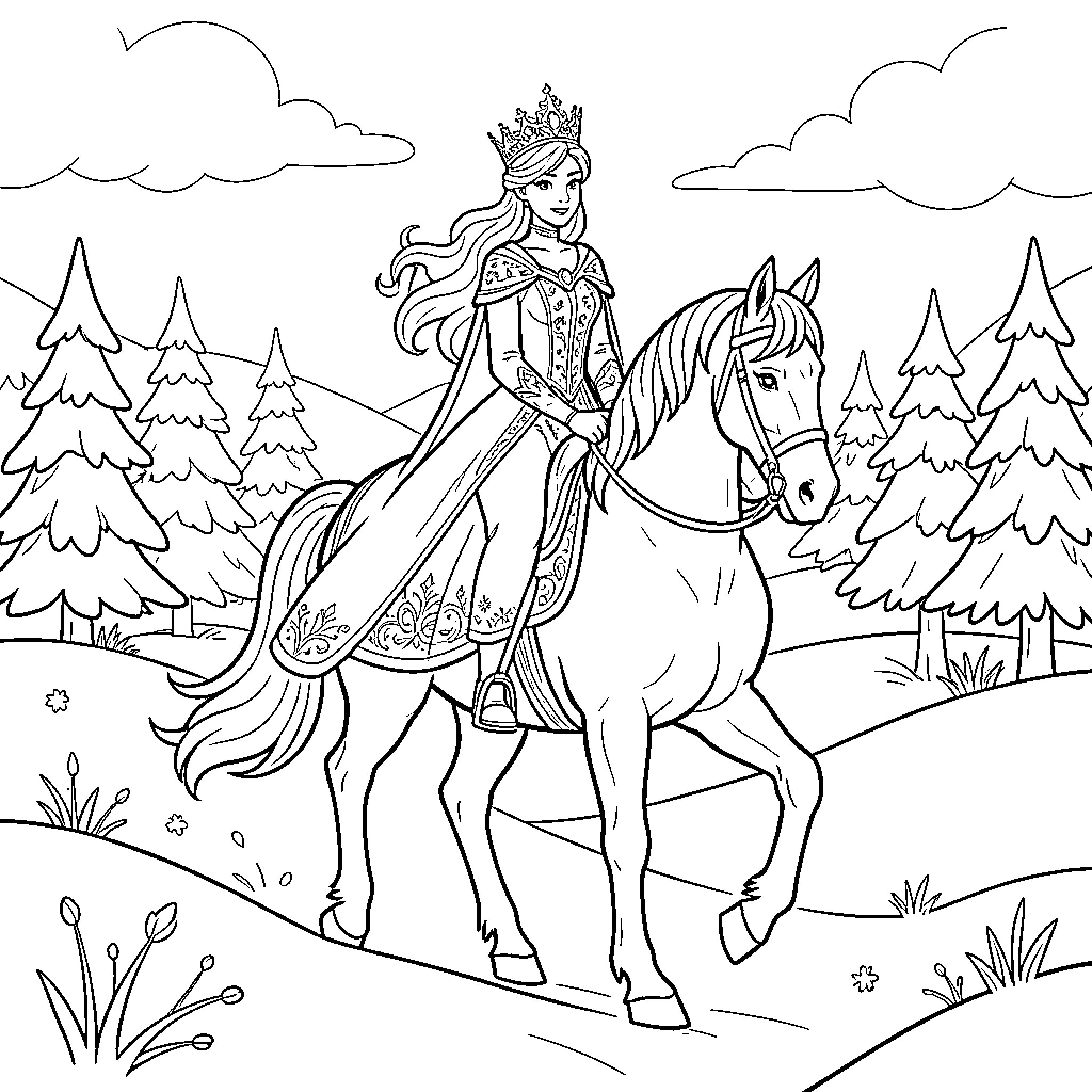 Queen's Regal Ride Through the Enchanted Forest Coloring Page (free black-and-white line drawing printable PDF for all, from beginners to advanced learners, including children, teens, adults, and seniors)
