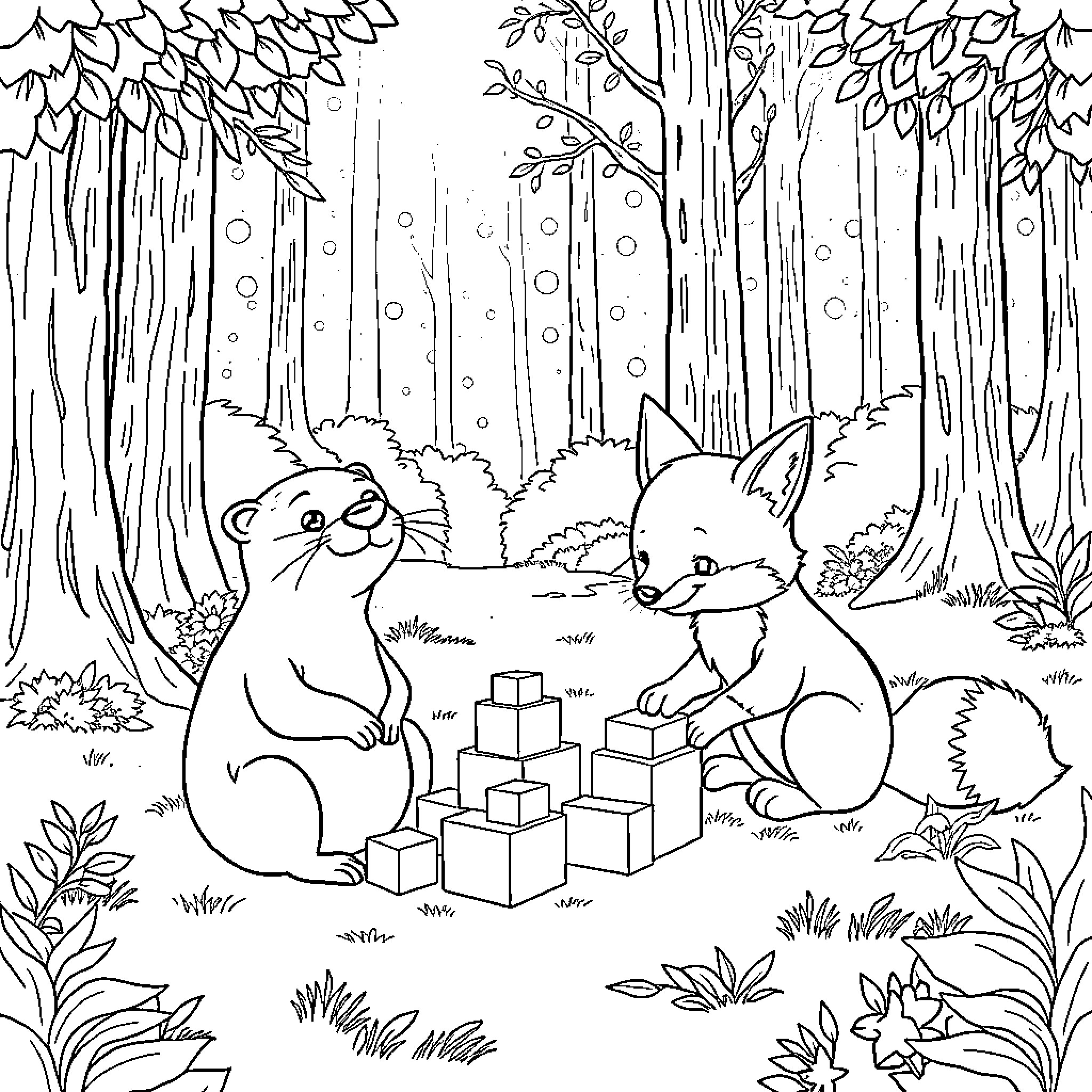 Otter playing with cubs in a snowy forest Coloring Page (free black-and-white line drawing printable PDF for all, from beginners to advanced learners, including children, teens, adults, and seniors)