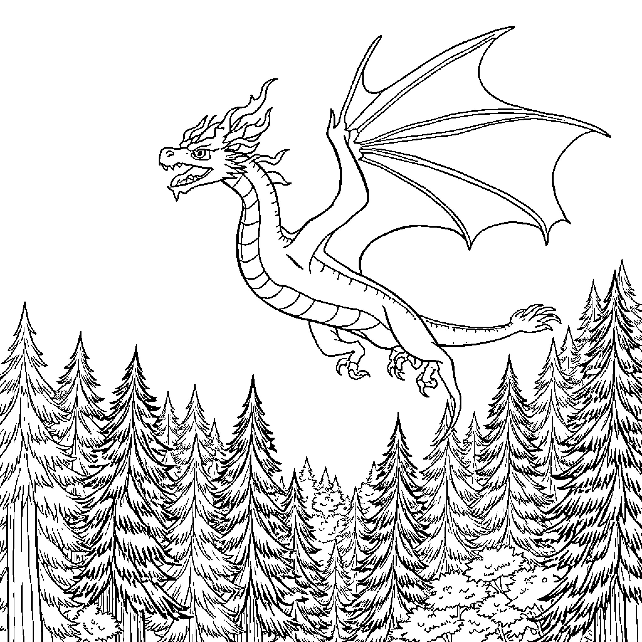 Dragon soaring over enchanted forest Coloring Page (free black-and-white line drawing printable PDF for all, from beginners to advanced learners, including children, teens, adults, and seniors)