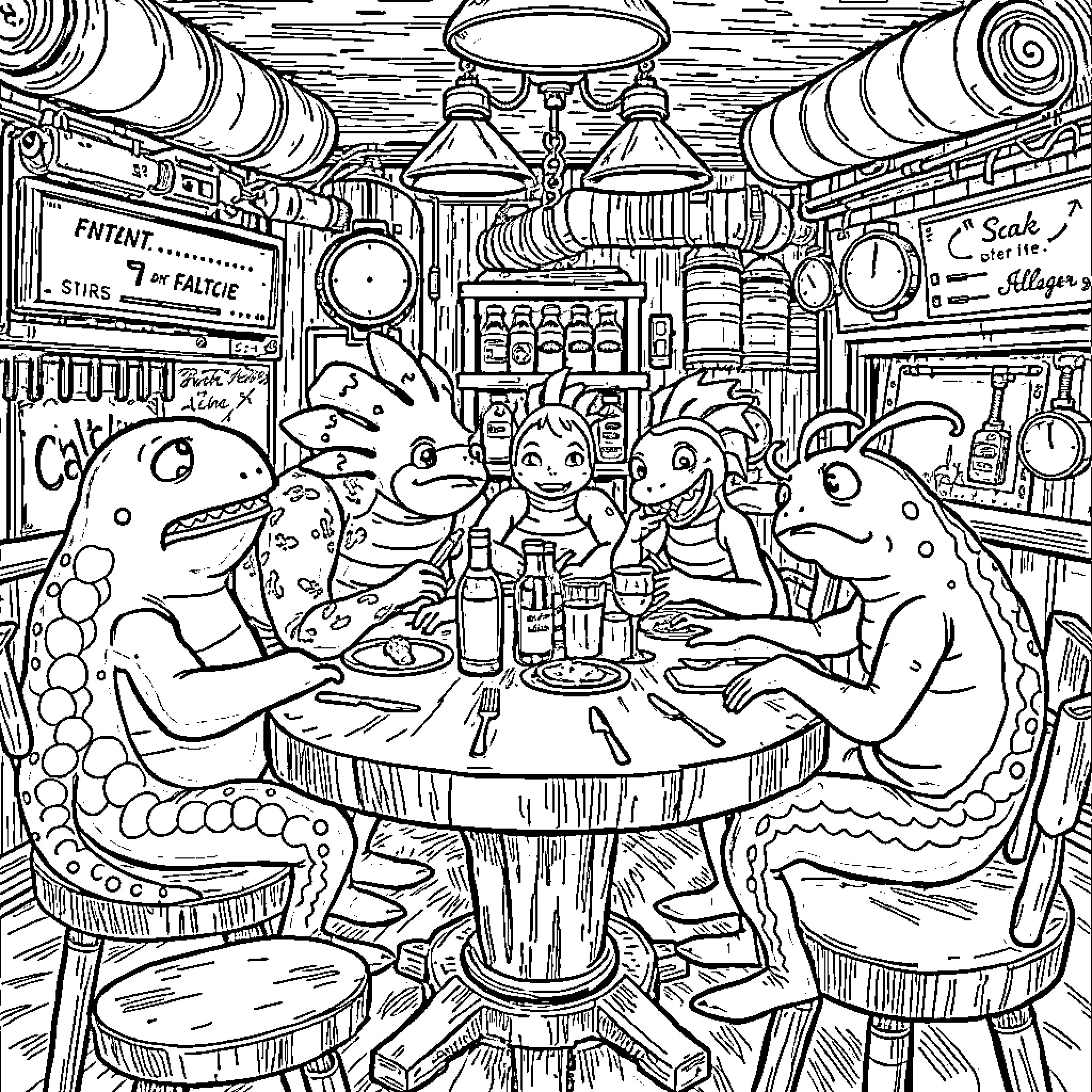 Sea Creatures Dining Together in a Cozy Restaurant Coloring Page (free black-and-white line drawing printable PDF for all, from beginners to advanced learners, including children, teens, adults, and seniors)