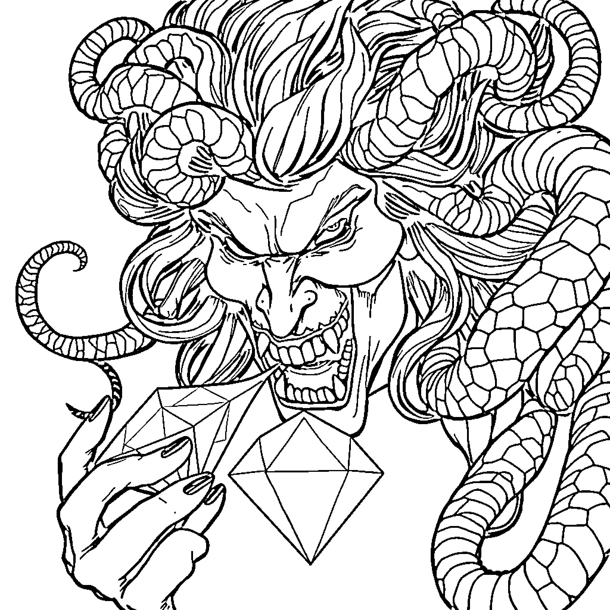Medusa: Mystical Creature Unveiled Coloring Page (free black-and-white line drawing printable PDF for all, from beginners to advanced learners, including children, teens, adults, and seniors)