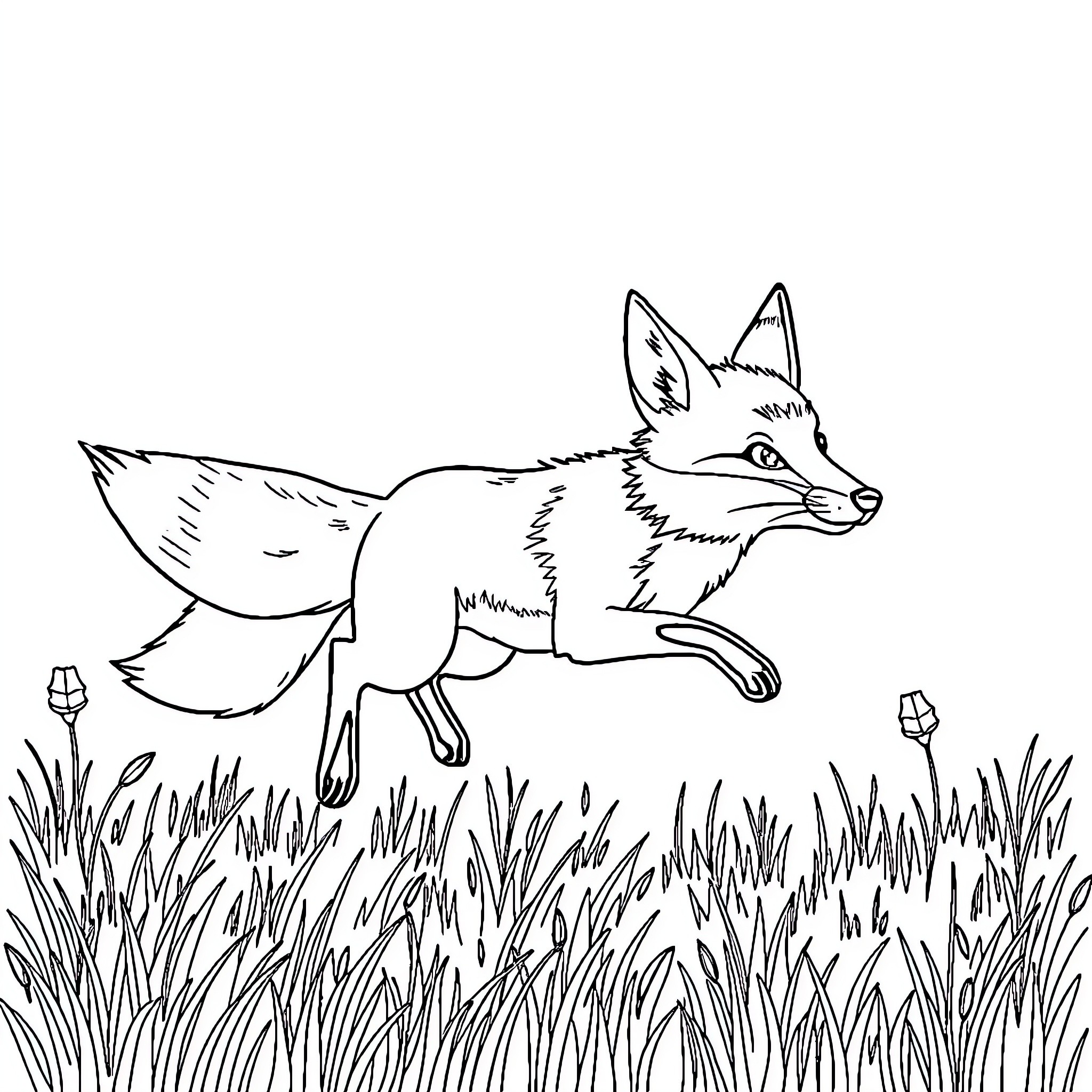 Fox roaming through the tall grass Coloring Page (free black-and-white line drawing printable PDF for all, from beginners to advanced learners, including children, teens, adults, and seniors)