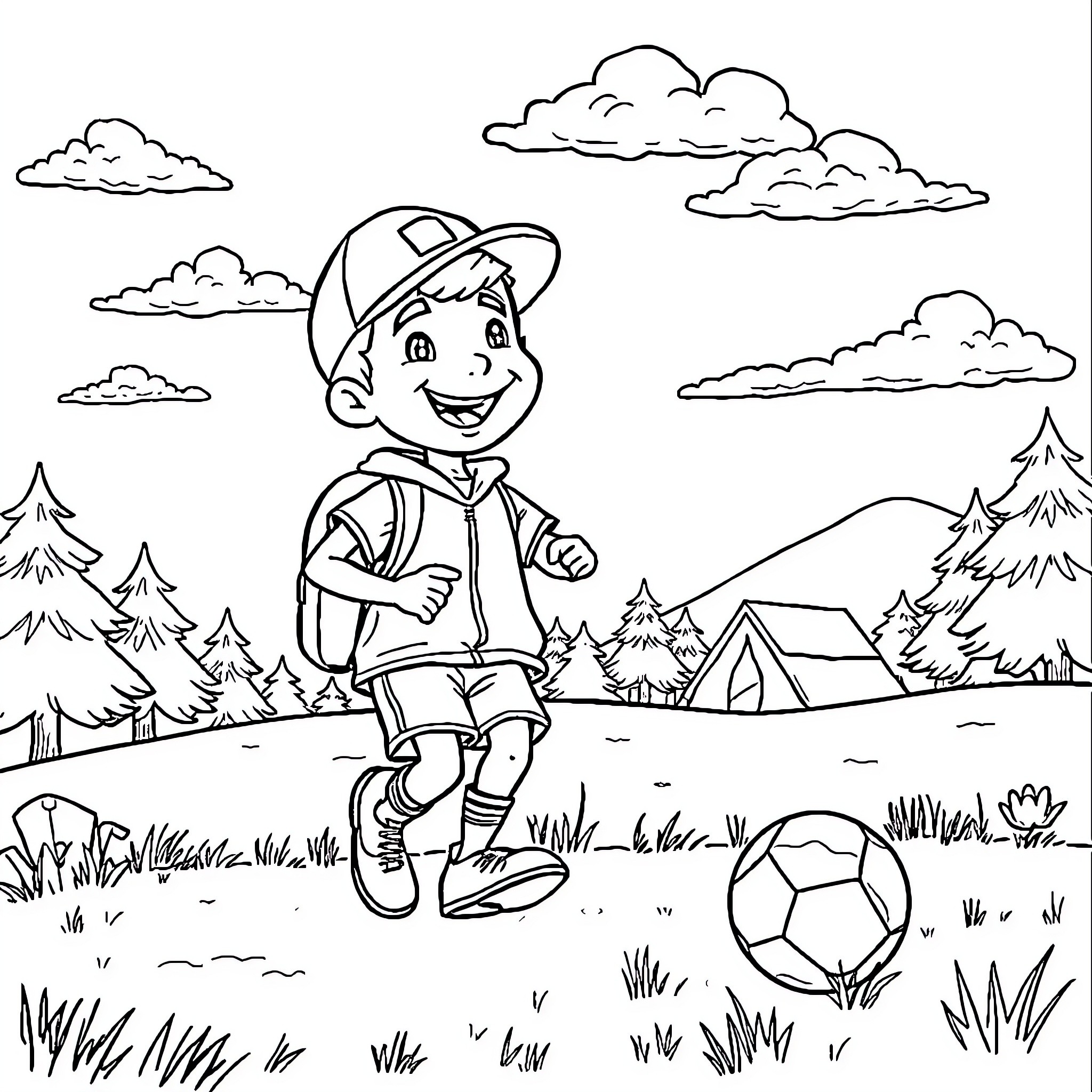 Camping Character playing with soccer ball in the forest Coloring Page (free black-and-white line drawing printable PDF for all, from beginners to advanced learners, including children, teens, adults, and seniors)