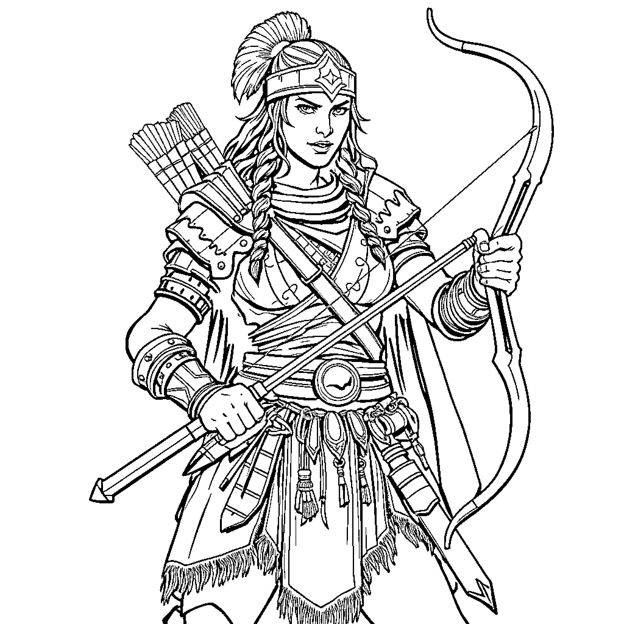 Scythian Woman Warrior with Bow and Arrows Coloring Page (free black-and-white line drawing printable PDF for all, from beginners to advanced learners, including children, teens, adults, and seniors)