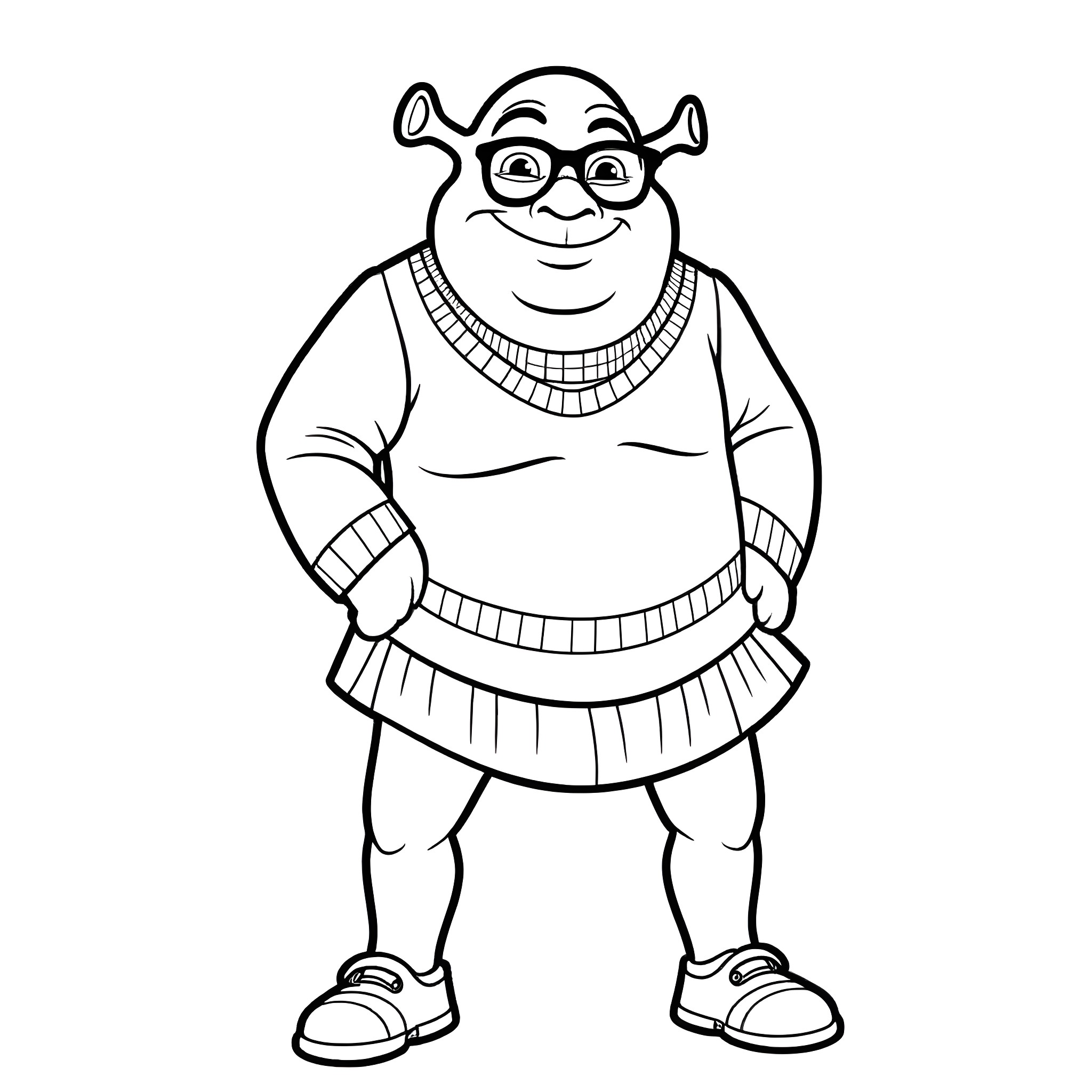 Shrek in his classic outfit with a smile Coloring Page (free black-and-white line drawing printable PDF for all, from beginners to advanced learners, including children, teens, adults, and seniors)