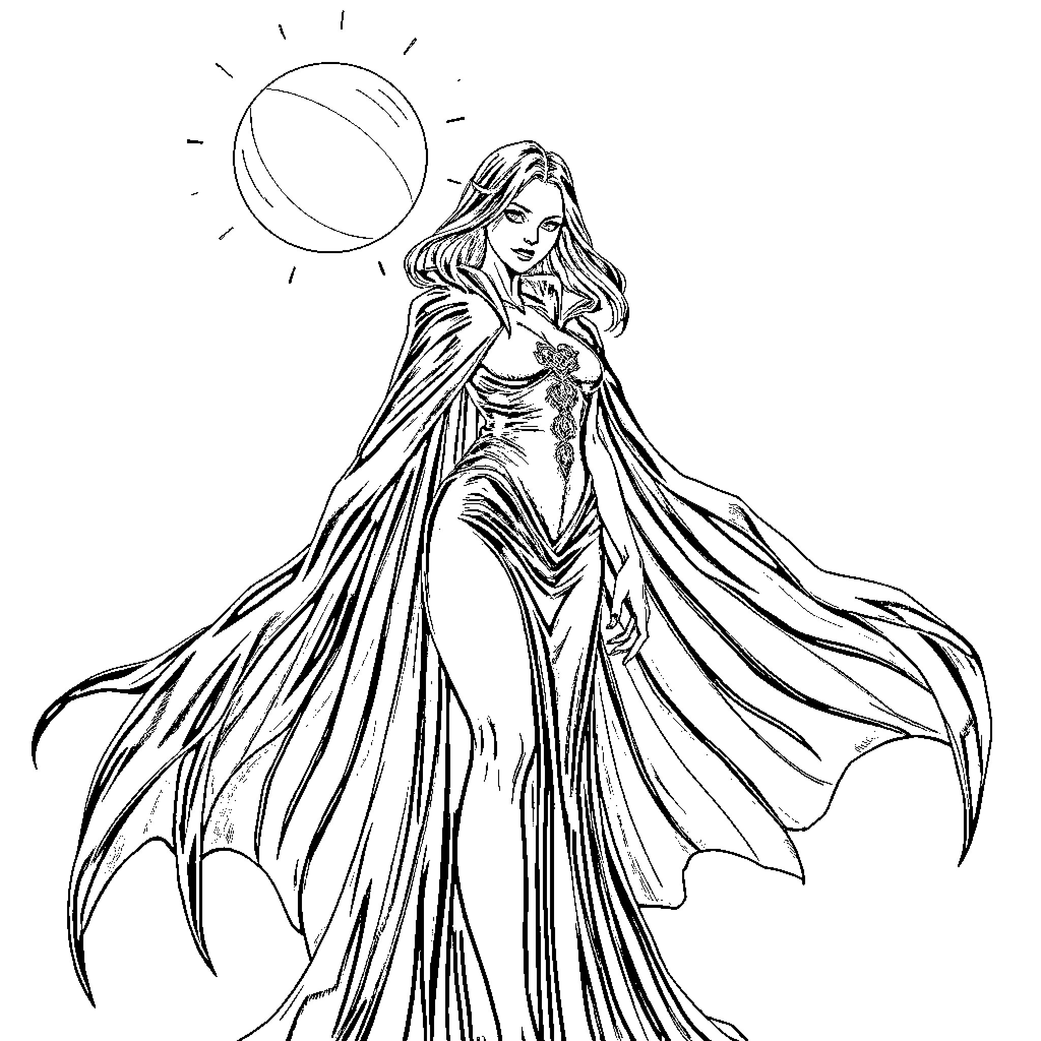 Vampire Woman in Flowing Gown Under the Sun Coloring Page (free black-and-white line drawing printable PDF for all, from beginners to advanced learners, including children, teens, adults, and seniors)