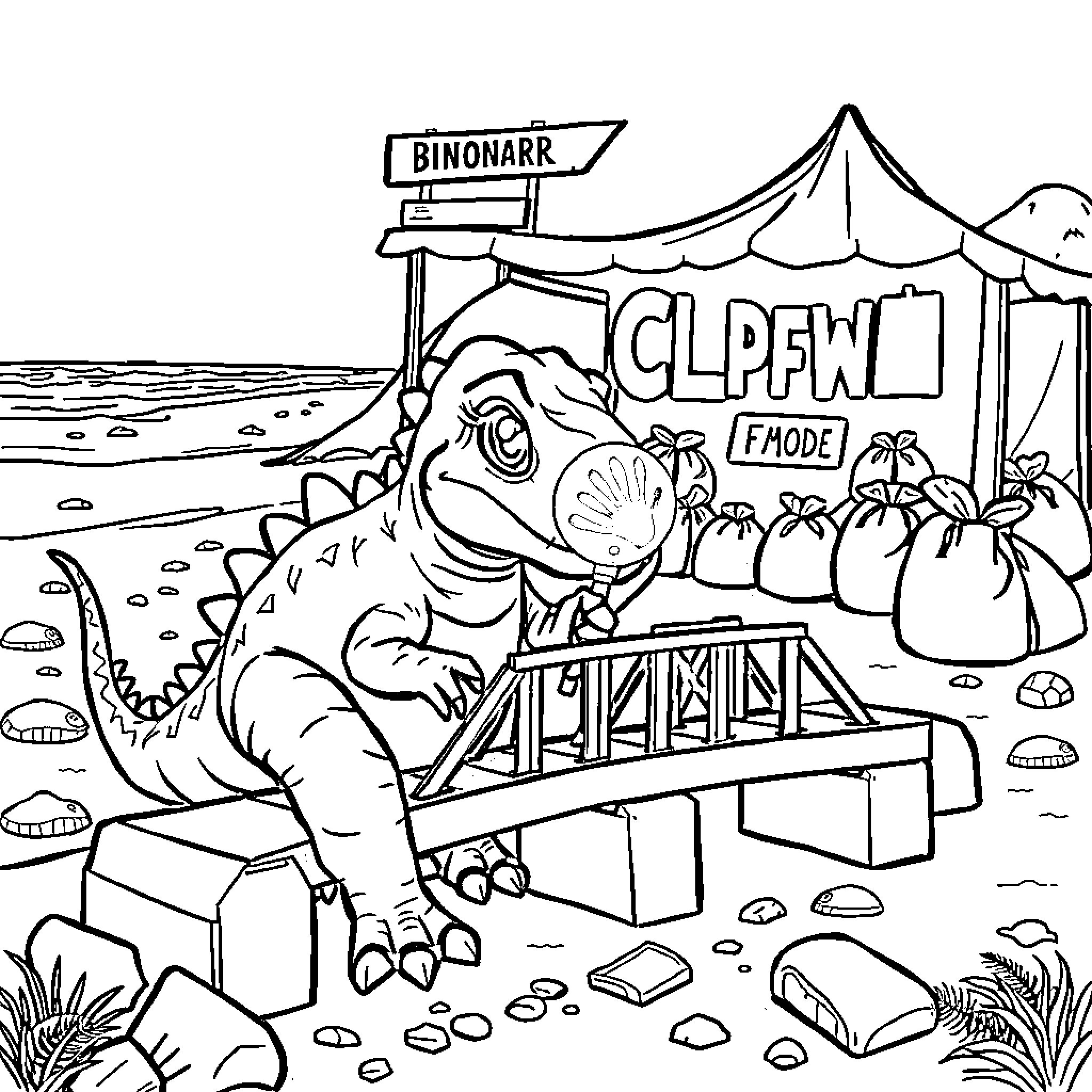 Dinosaur at the carnival enjoying the festivities Coloring Page (free black-and-white line drawing printable PDF for all, from beginners to advanced learners, including children, teens, adults, and seniors)