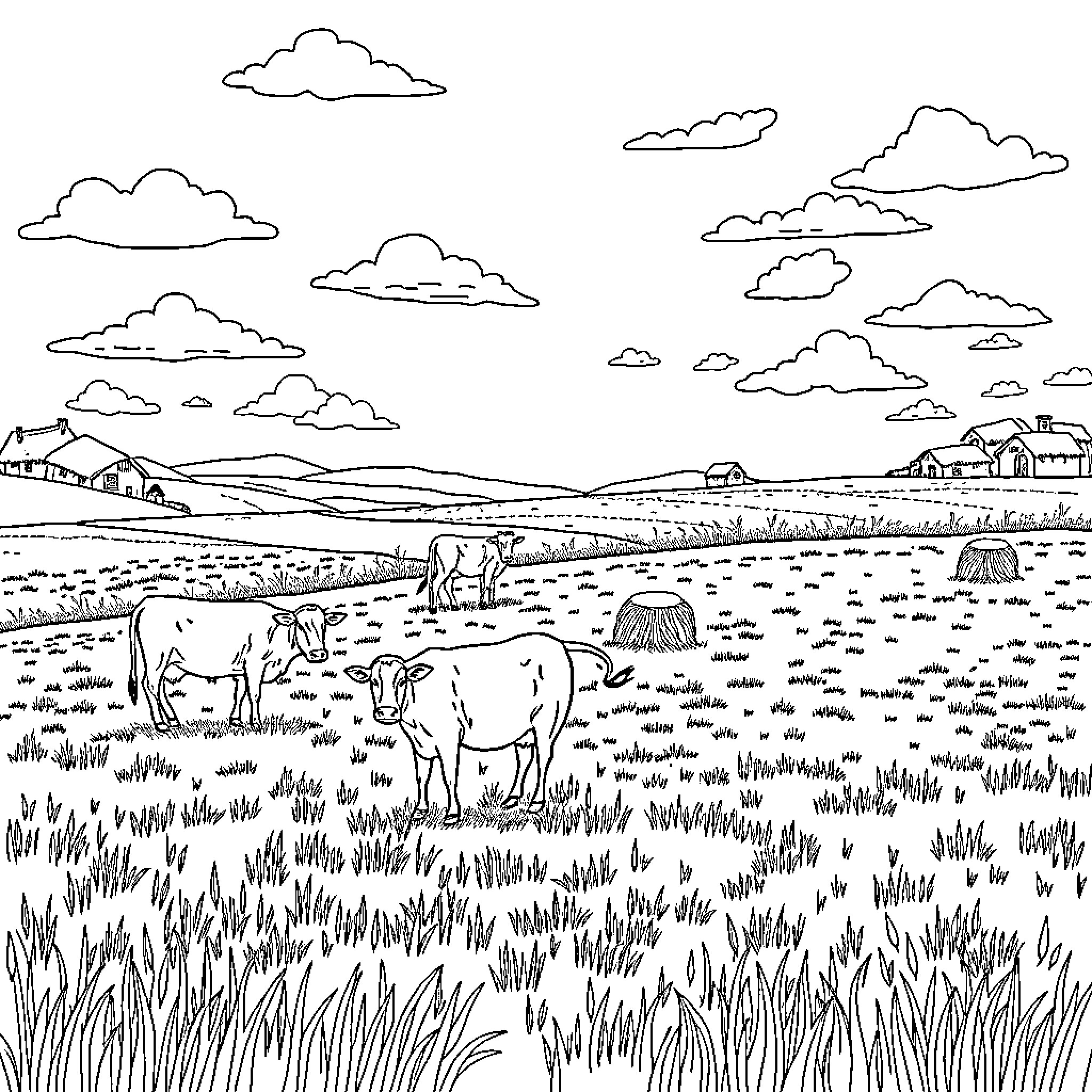 Cow grazing peacefully in the countryside Coloring Page (free black-and-white line drawing printable PDF for all, from beginners to advanced learners, including children, teens, adults, and seniors)