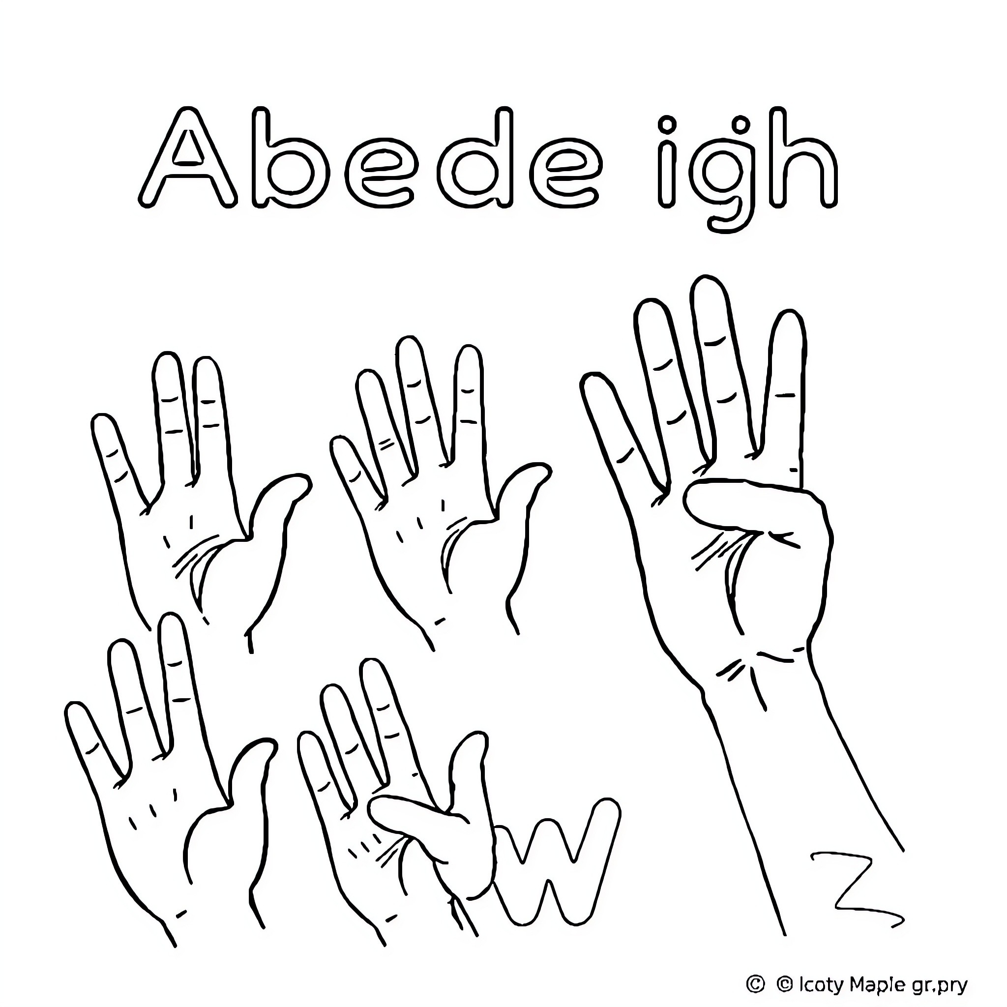 Sign Language Hands Signing the Alphabet Coloring Page (free black-and-white line drawing printable PDF for all, from beginners to advanced learners, including children, teens, adults, and seniors)