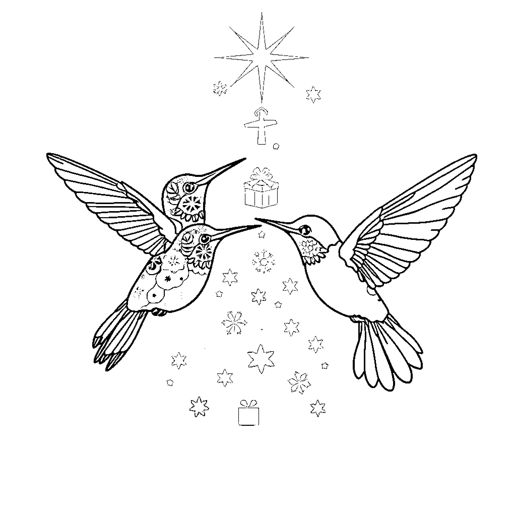 Hummingbirds sharing a festive moment Coloring Page (free black-and-white line drawing printable PDF for all, from beginners to advanced learners, including children, teens, adults, and seniors)