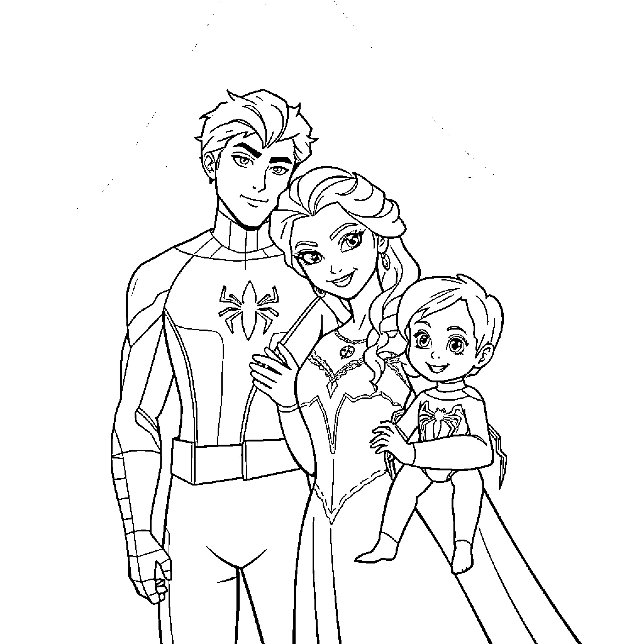 Elsa and her family in a joyful moment Coloring Page (free black-and-white line drawing printable PDF for all, from beginners to advanced learners, including children, teens, adults, and seniors)