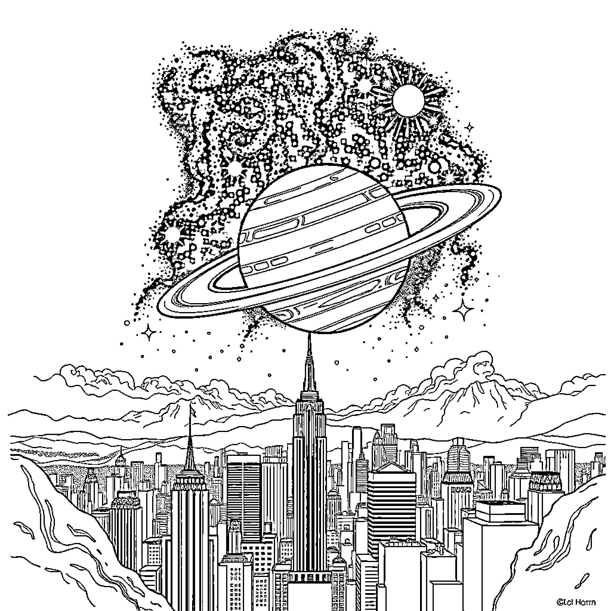 Saturn soaring above the cosmic city skyline Coloring Page (free black-and-white line drawing printable PDF for all, from beginners to advanced learners, including children, teens, adults, and seniors)