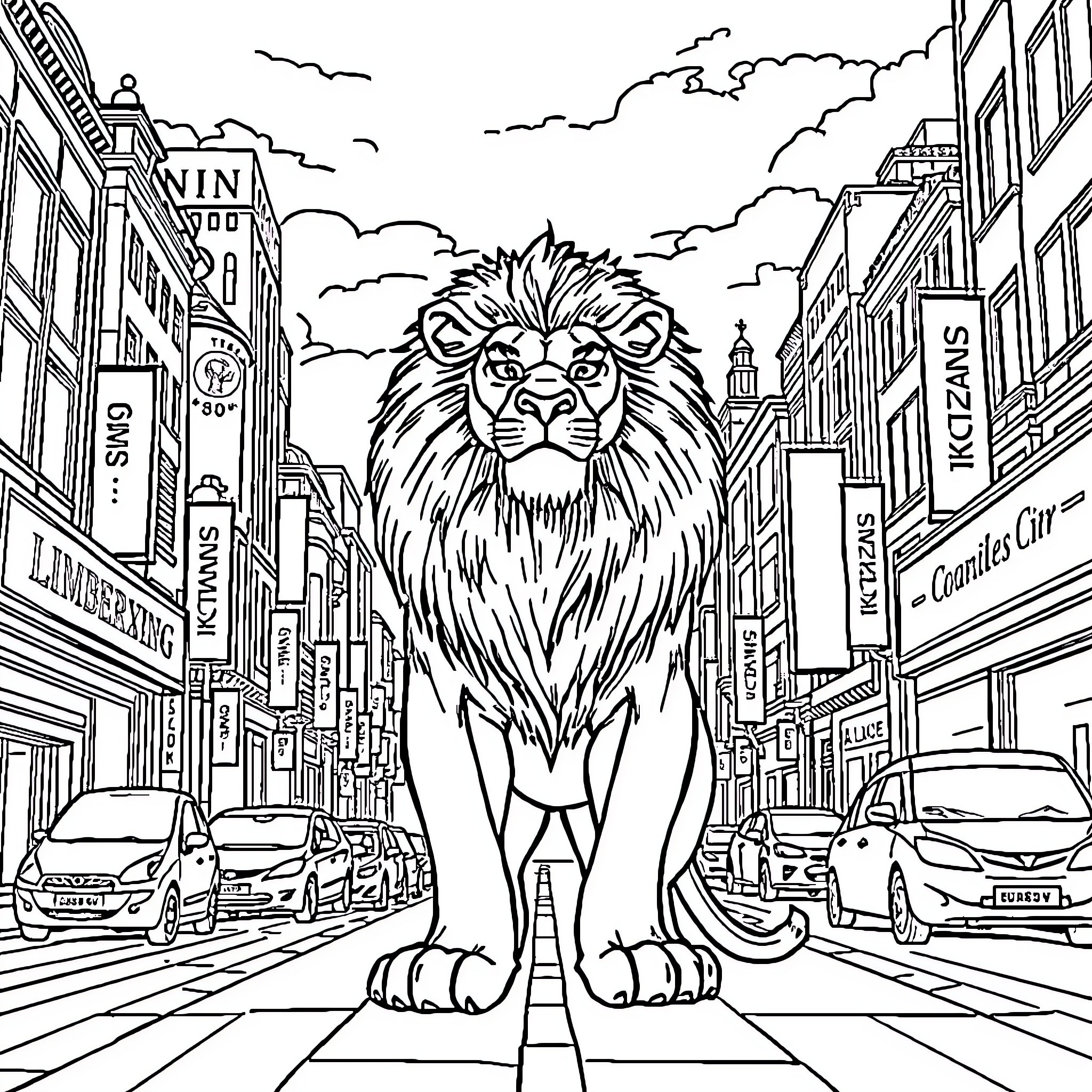 Lion standing vigilantly in the city streets Coloring Page (free black-and-white line drawing printable PDF for all, from beginners to advanced learners, including children, teens, adults, and seniors)
