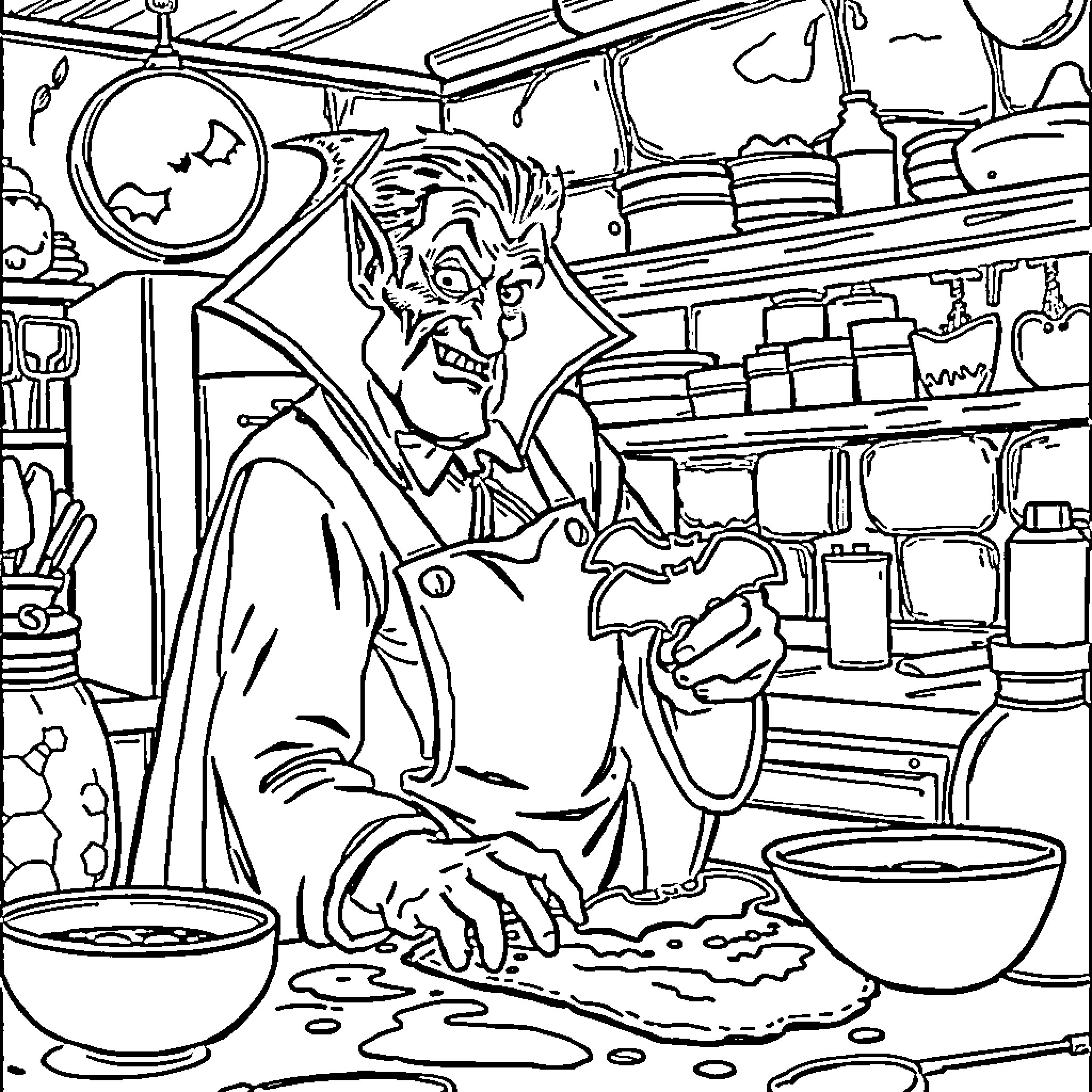 Dracula's Culinary Creations Coloring Page (free black-and-white line drawing printable PDF for all, from beginners to advanced learners, including children, teens, adults, and seniors)