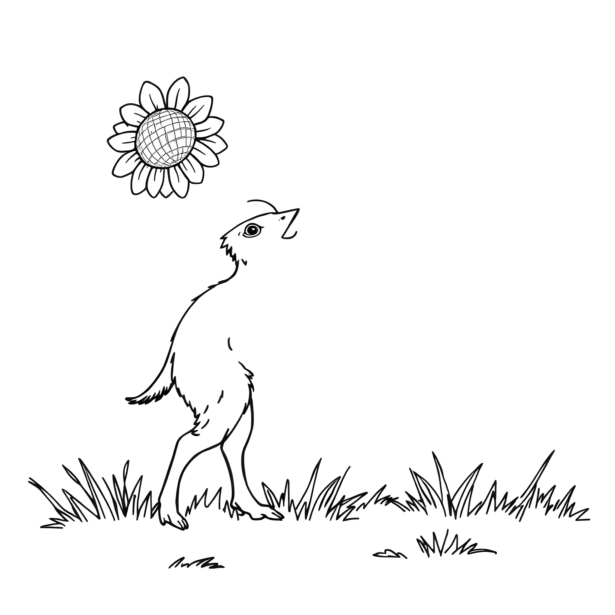 Child playing with sunflower in meadow Coloring Page (free black-and-white line drawing printable PDF for all, from beginners to advanced learners, including children, teens, adults, and seniors)