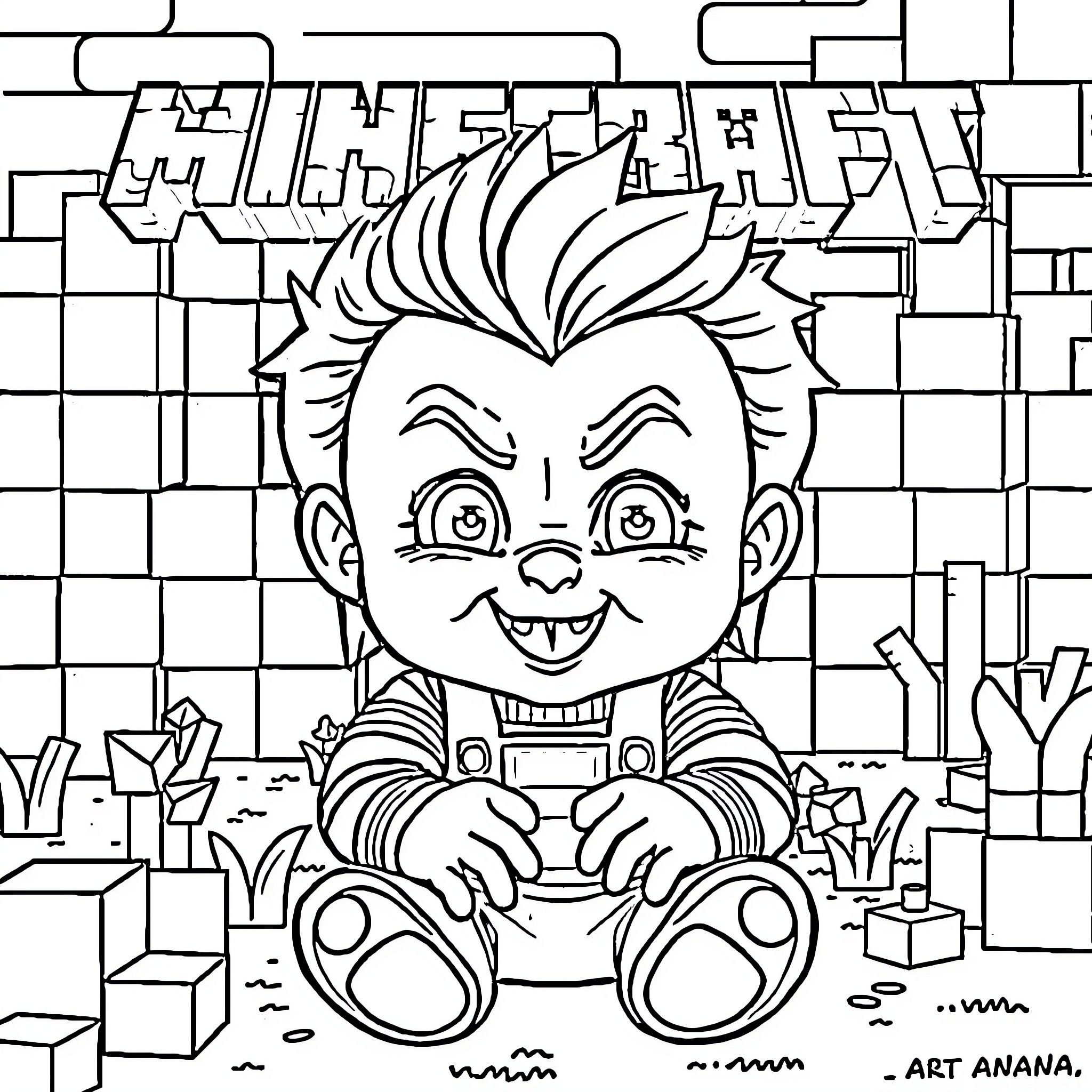 Chucky the Mischievous Doll in Playful Pose Coloring Page (free black-and-white line drawing printable PDF for all, from beginners to advanced learners, including children, teens, adults, and seniors)
