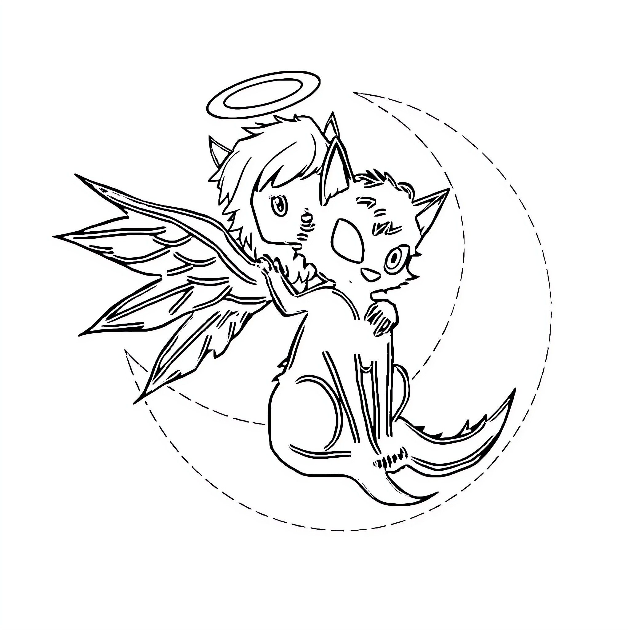 Angel-winged creature playfully interacting with a dragon Coloring Page (free black-and-white line drawing printable PDF for all, from beginners to advanced learners, including children, teens, adults, and seniors)