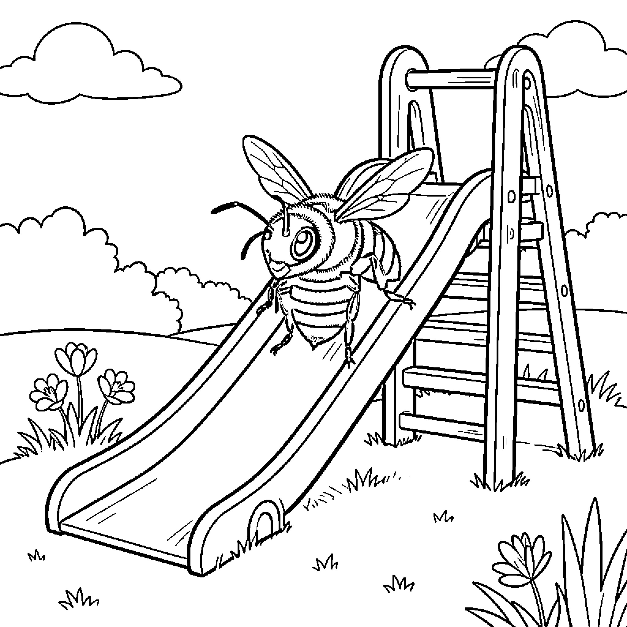 Bee sliding down a playground slide happily Coloring Page (free black-and-white line drawing printable PDF for all, from beginners to advanced learners, including children, teens, adults, and seniors)