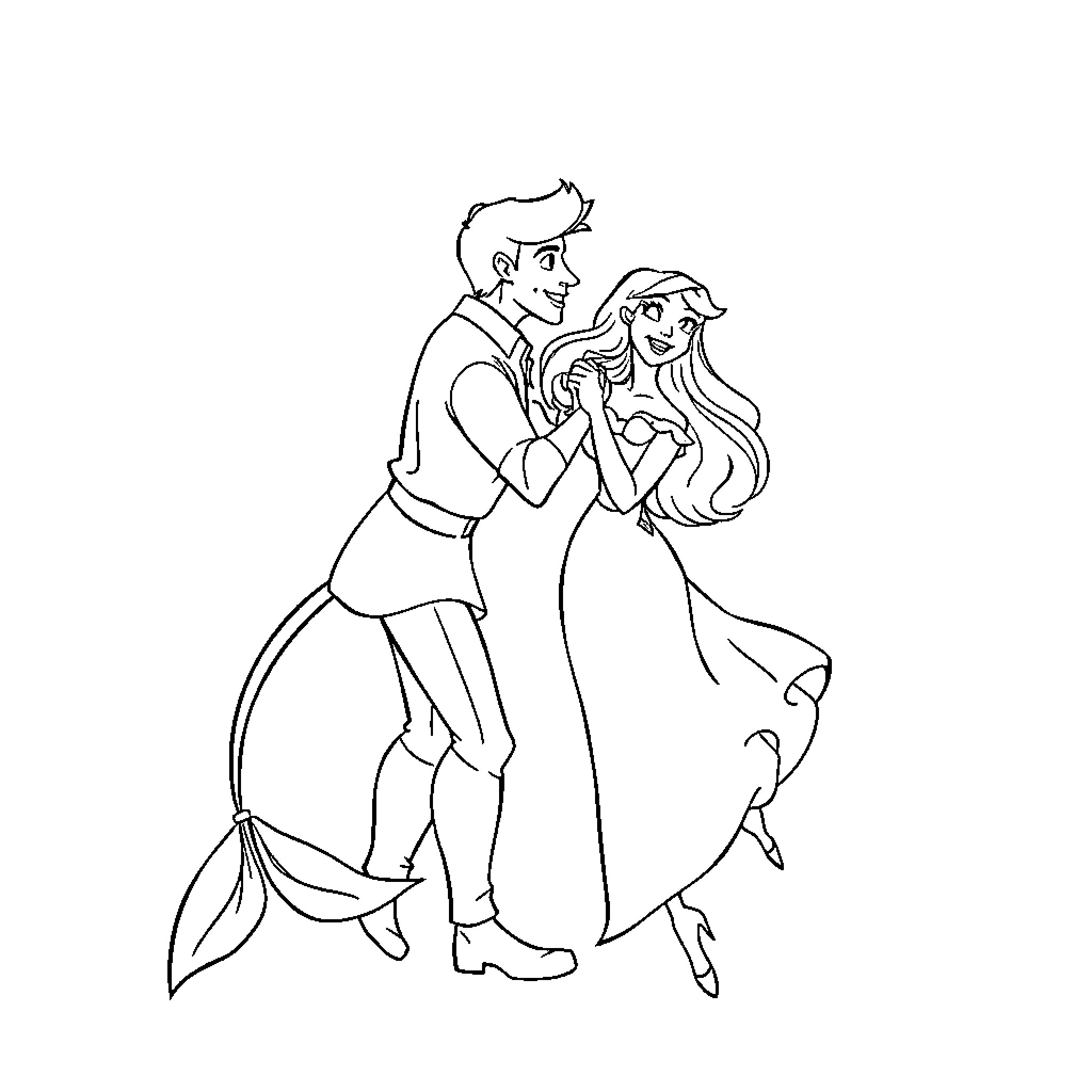 Ariel and Prince Eric dancing joyfully Coloring Page (free black-and-white line drawing printable PDF for all, from beginners to advanced learners, including children, teens, adults, and seniors)