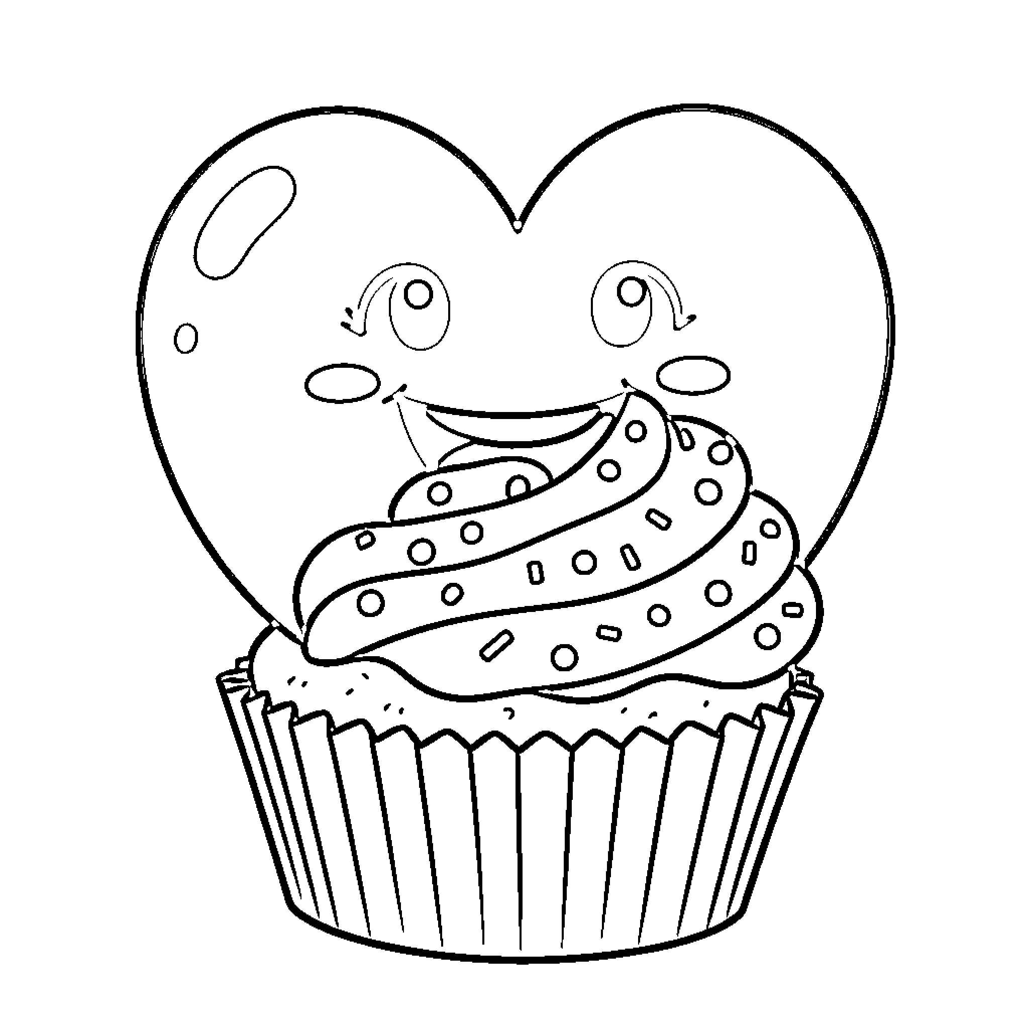 Heart-shaped cupcake with decorative swirls Coloring Page (free black-and-white line drawing printable PDF for all, from beginners to advanced learners, including children, teens, adults, and seniors)