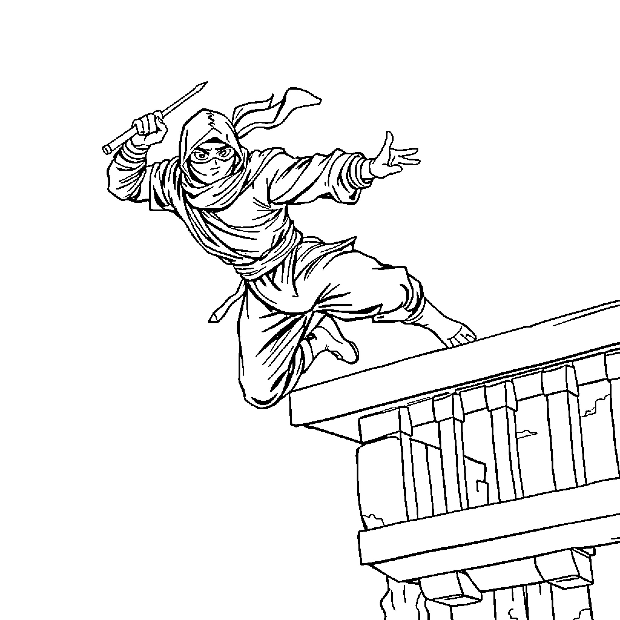 Ninja warrior leaping into action Coloring Page (free black-and-white line drawing printable PDF for all, from beginners to advanced learners, including children, teens, adults, and seniors)