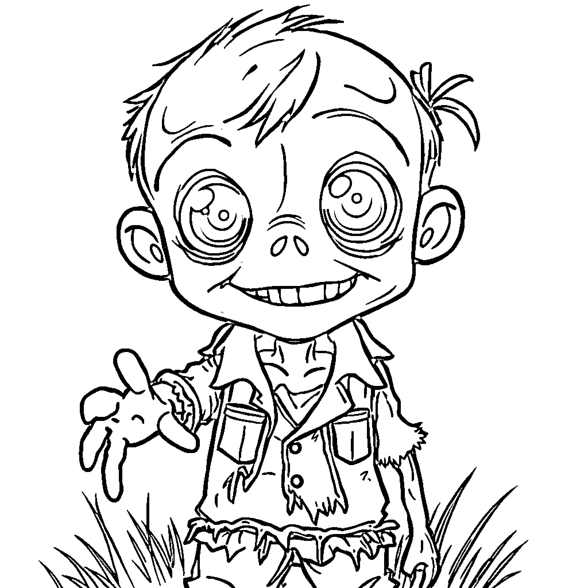 Zombie Boy Holding Stuffed Animal Coloring Page (free black-and-white line drawing printable PDF for all, from beginners to advanced learners, including children, teens, adults, and seniors)