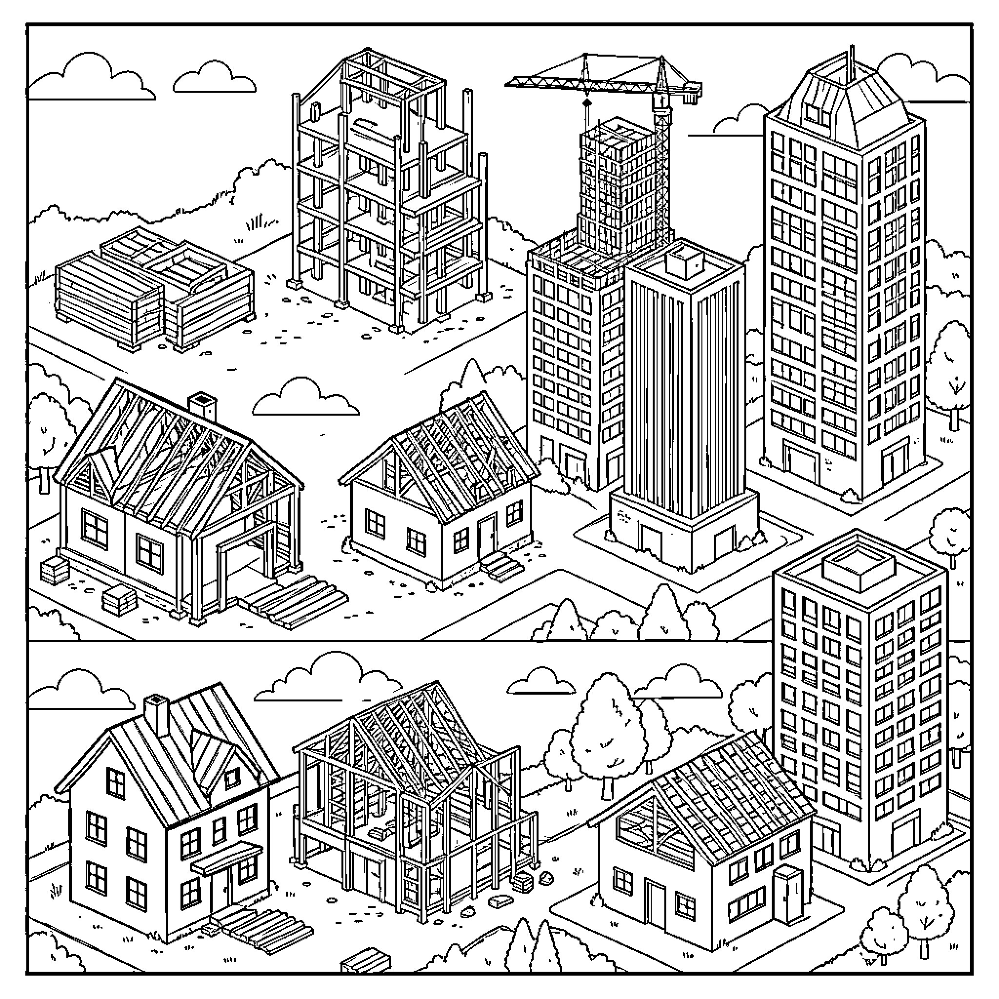 Architecture featuring various buildings under different stages of construction Coloring Page (free black-and-white line drawing printable PDF for all, from beginners to advanced learners, including children, teens, adults, and seniors)