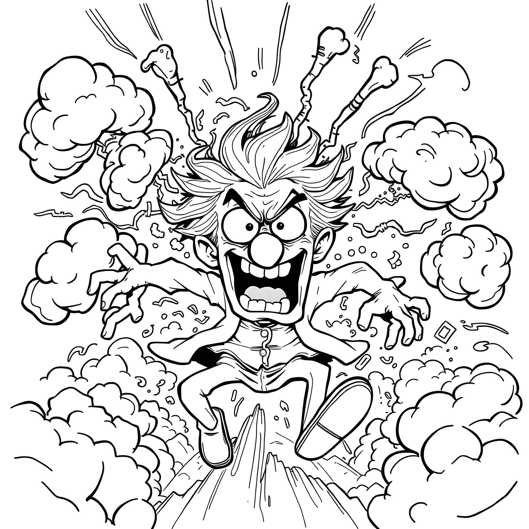 Diarrhea Explosion of a Comically Distressed Cartoon Character Coloring Page (free black-and-white line drawing printable PDF for all, from beginners to advanced learners, including children, teens, adults, and seniors)
