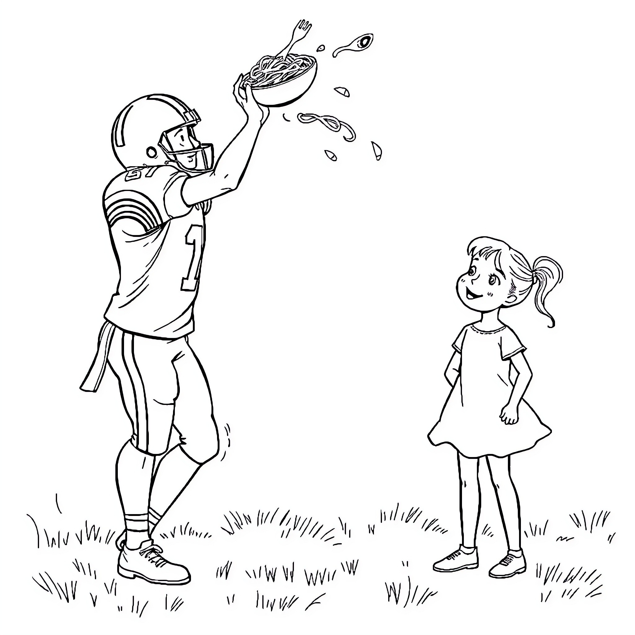Football Player Celebrating Victory with Young Spectator Coloring Page (free black-and-white line drawing printable PDF for all, from beginners to advanced learners, including children, teens, adults, and seniors)