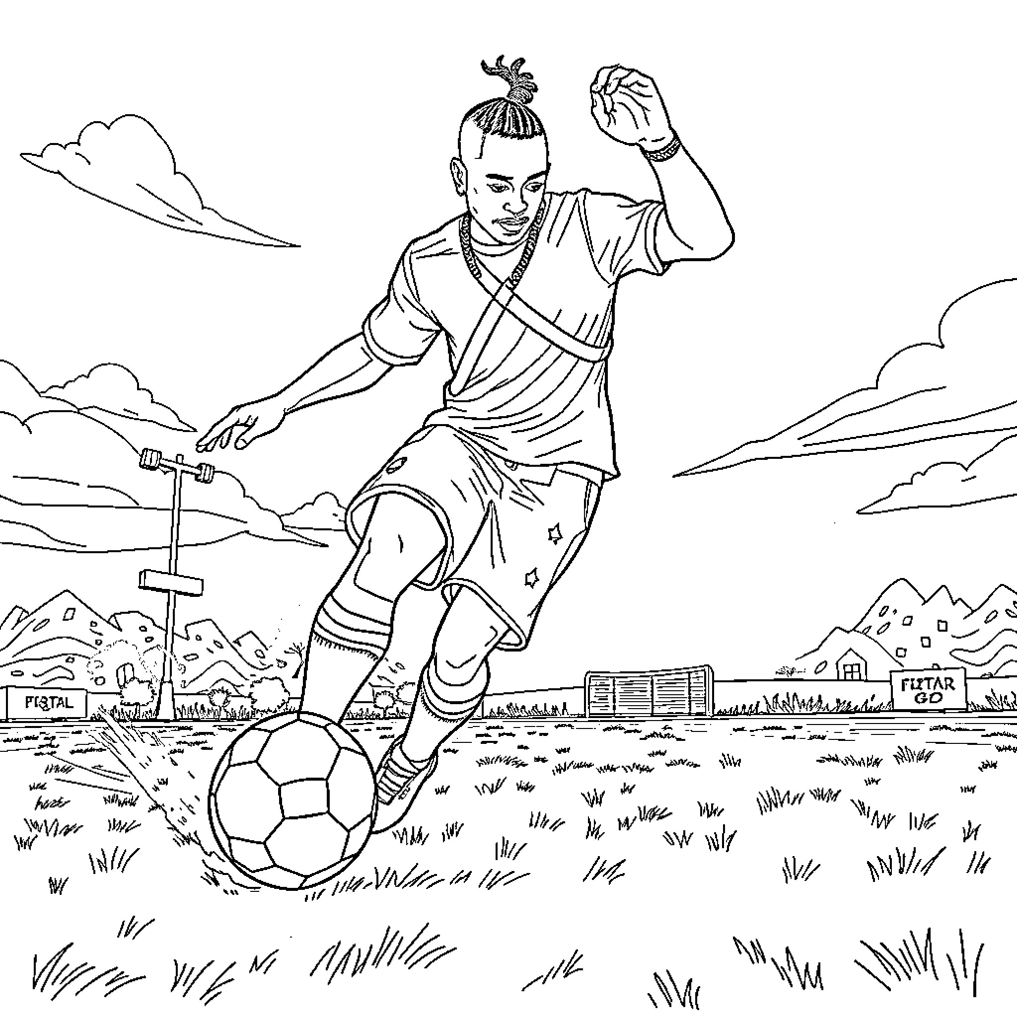 Travis Scott playing soccer in the field Coloring Page (free black-and-white line drawing printable PDF for all, from beginners to advanced learners, including children, teens, adults, and seniors)