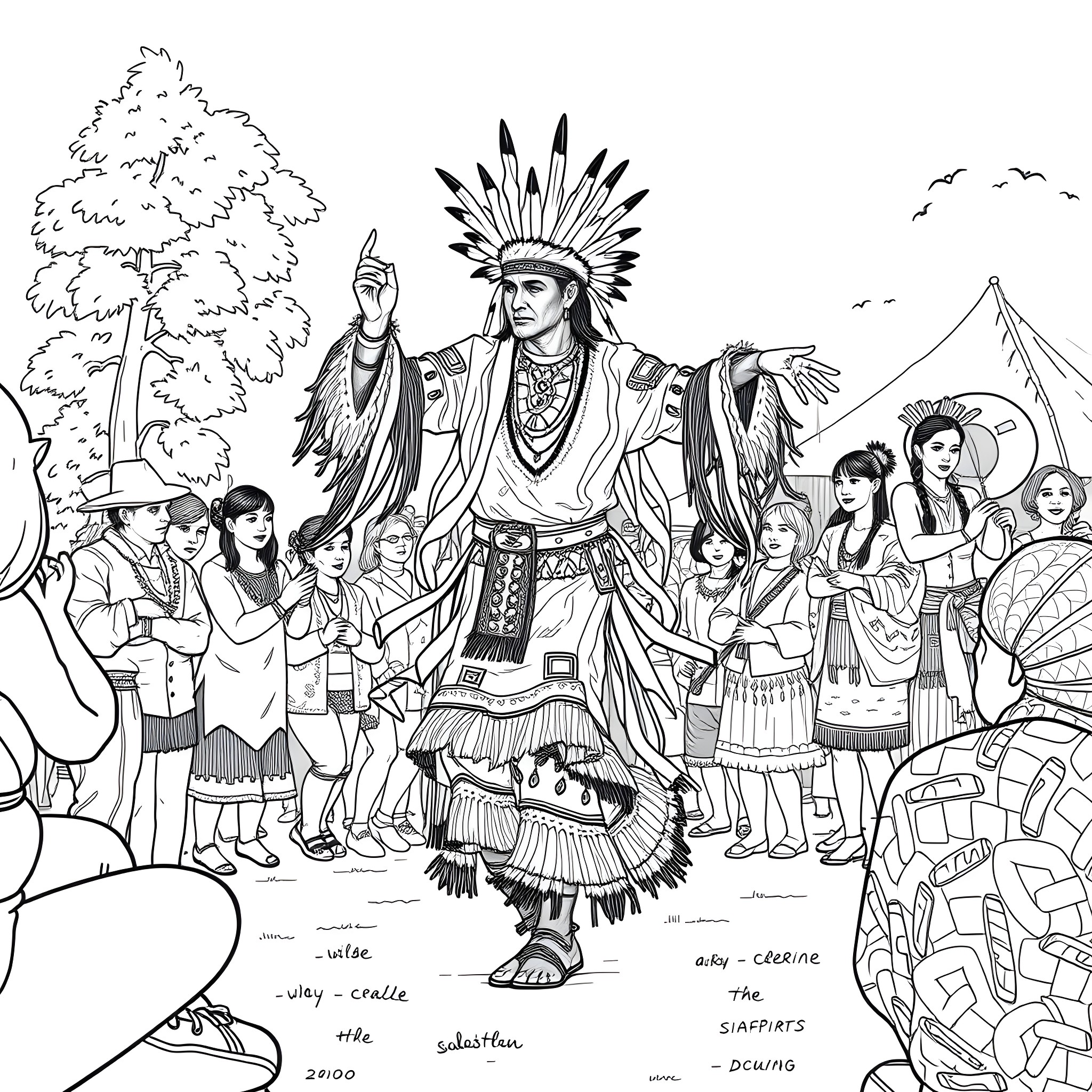 Dancer in Vibrant Native American Regalia Surrounded by Tribe Coloring Page (free black-and-white line drawing printable PDF for all, from beginners to advanced learners, including children, teens, adults, and seniors)