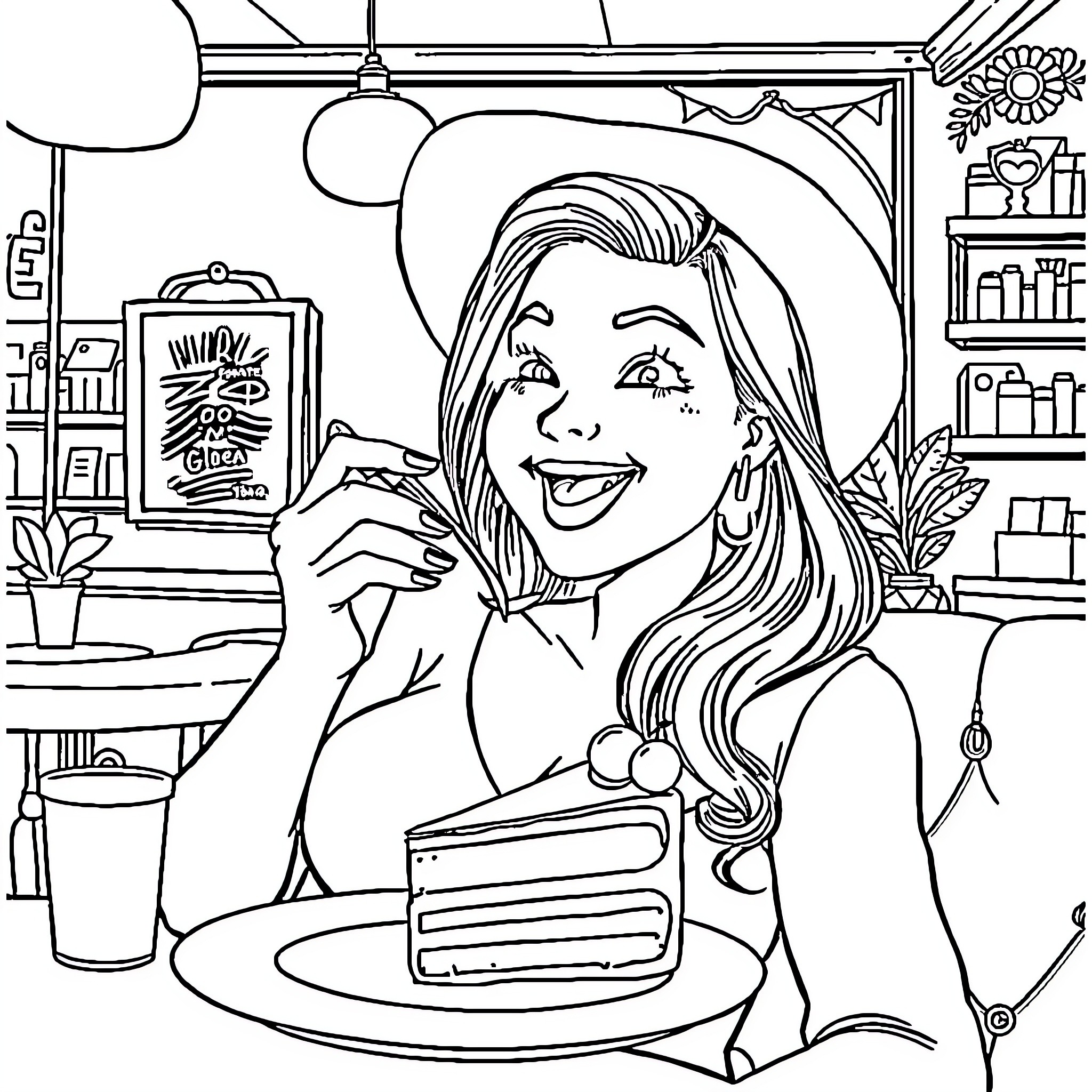 Woman enjoying dessert in a cozy cafe Coloring Page (free black-and-white line drawing printable PDF for all, from beginners to advanced learners, including children, teens, adults, and seniors)