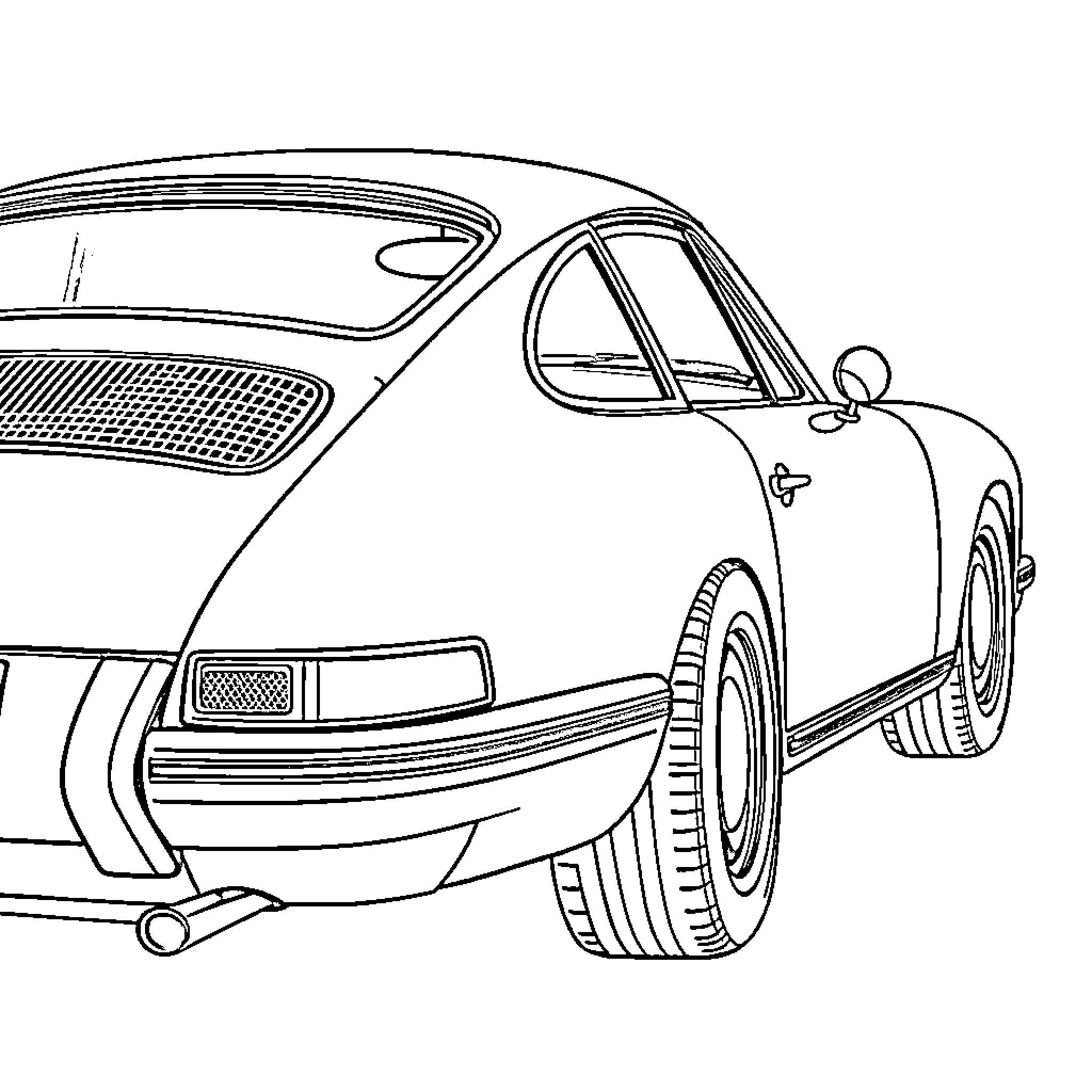 Porsche sports car in sleek outline Coloring Page (free black-and-white line drawing printable PDF for all, from beginners to advanced learners, including children, teens, adults, and seniors)