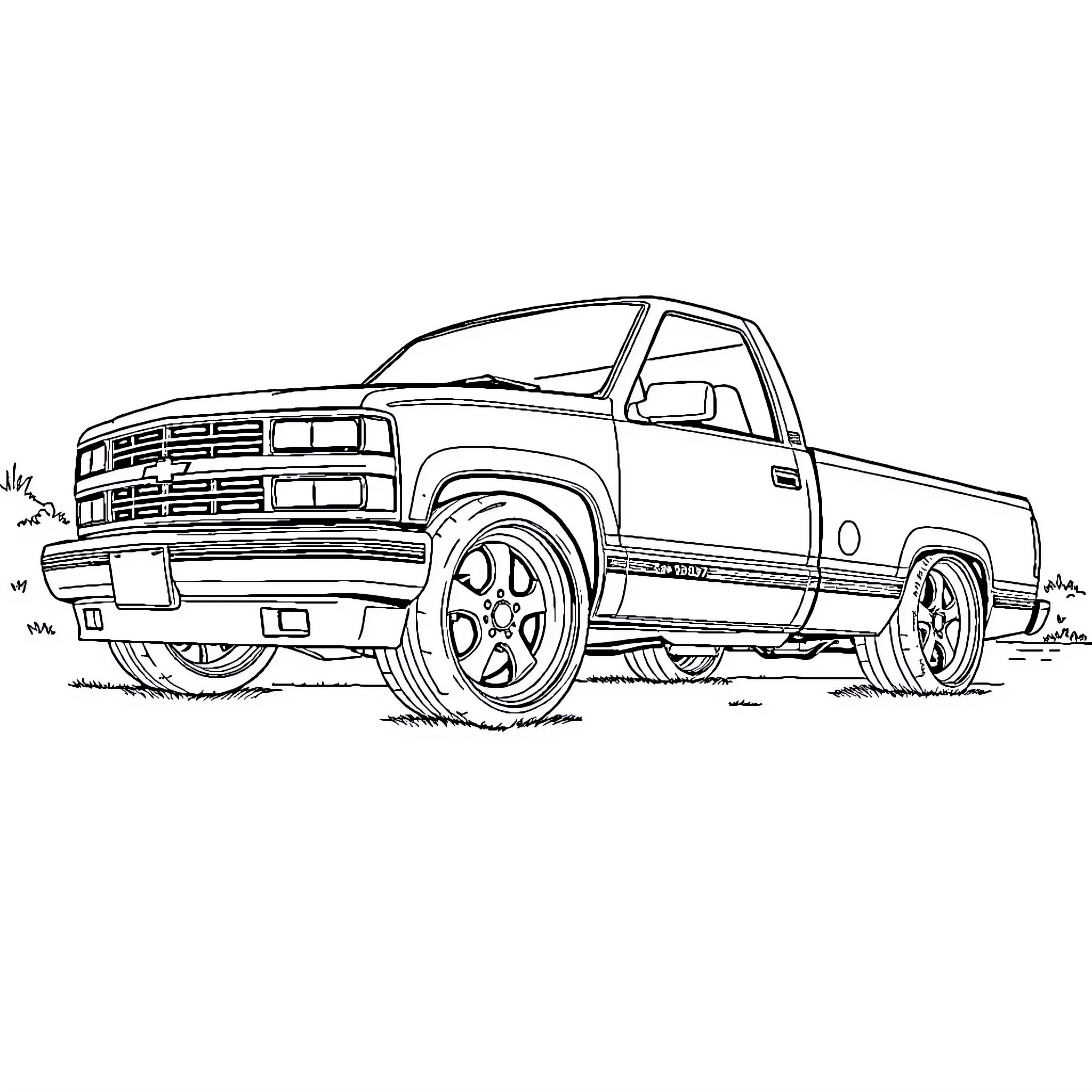 Chevy pickup truck driving on the road Coloring Page (free black-and-white line drawing printable PDF for all, from beginners to advanced learners, including children, teens, adults, and seniors)