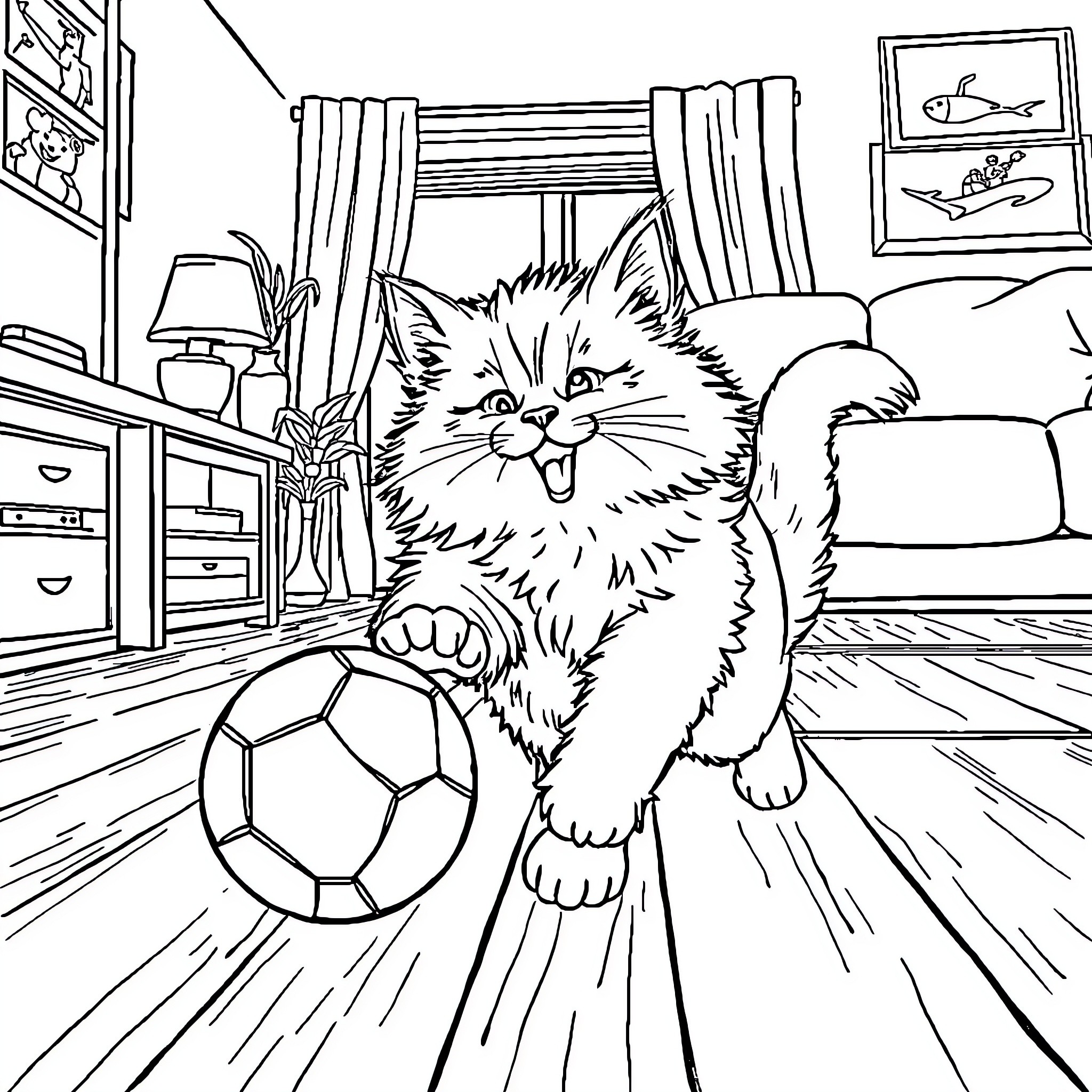 Cat playing with soccer ball indoors Coloring Page (free black-and-white line drawing printable PDF for all, from beginners to advanced learners, including children, teens, adults, and seniors)