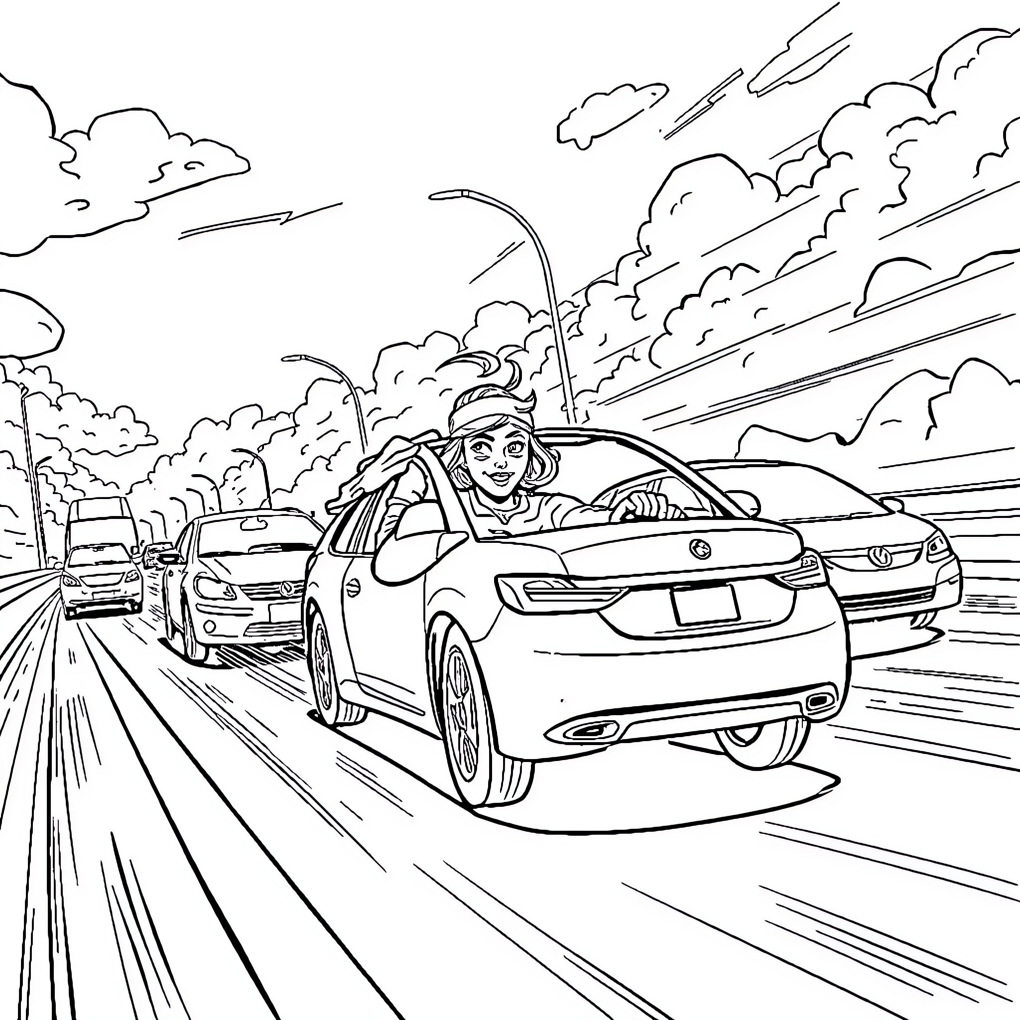 Lady driving fast car through busy city street Coloring Page (free black-and-white line drawing printable PDF for all, from beginners to advanced learners, including children, teens, adults, and seniors)