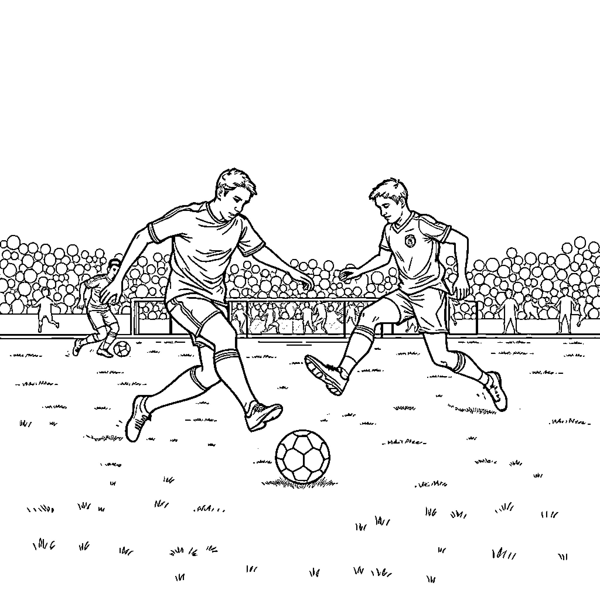 Soccer players competing on the field Coloring Page (free black-and-white line drawing printable PDF for all, from beginners to advanced learners, including children, teens, adults, and seniors)